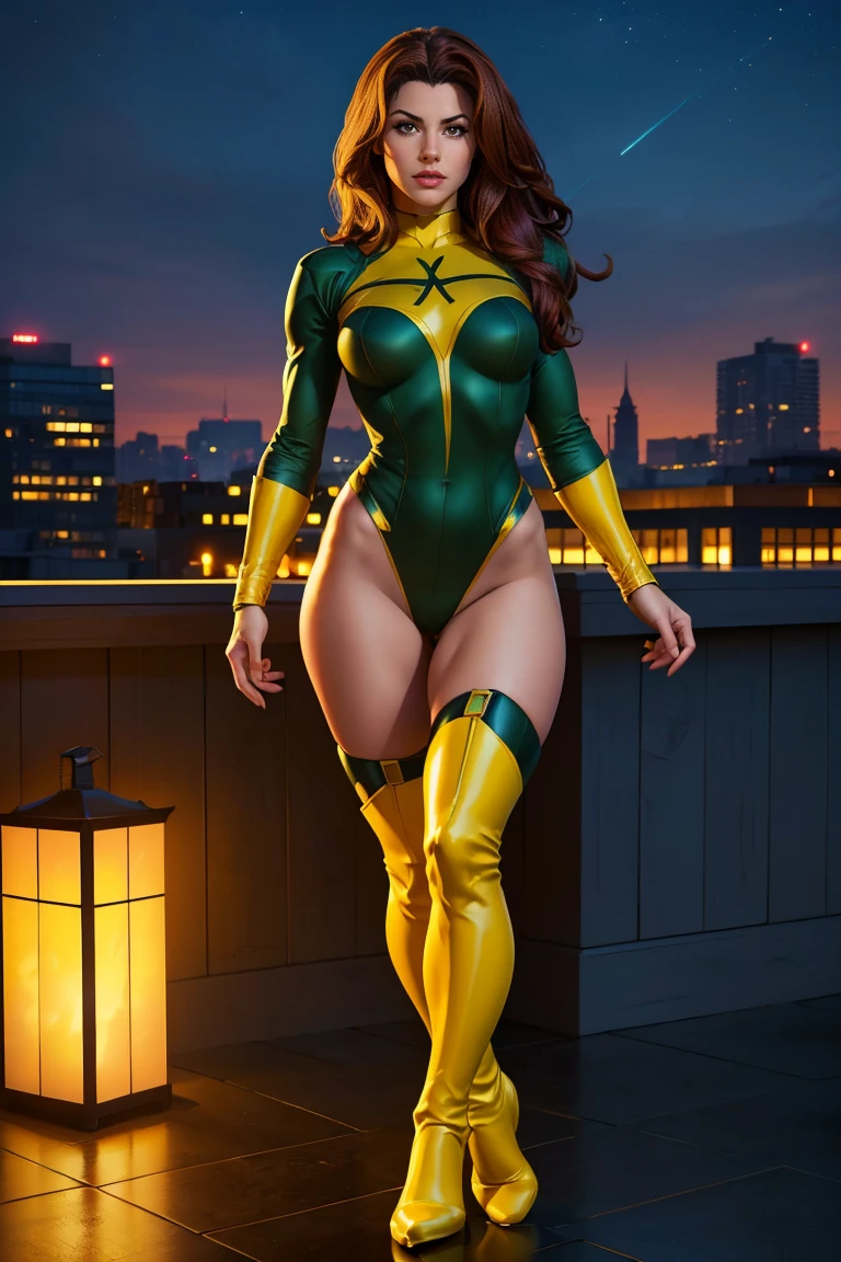 (masterpiece), (photorealistic1.4), (1 girl), (solo), (best quality), (epiCRealLife:1.0), (jean-grey dark green bodysuit), (phoenix logo), (young woman), (large breast) (, (show cleavage), ((JenniferConnelly90s), (show abs), (thighhigh), (red hair), (green eyes), (jean-grey belt), (yellow elbow gloves), (full covered gloves), (night time), (spotlight), (demure), (at castle garden), (beautiful landscape), (light smile), ample lights), (yellow boots), (show legs), (latex dark green outfit), (flash photography), (flashphoto), (close up), (pose for picture)