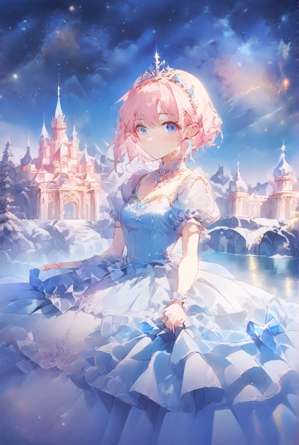 1girl,solo,(((pink short hair,blue eyes))),
princess,Cinderella,
in palace,brilliant view,at night,starry night,