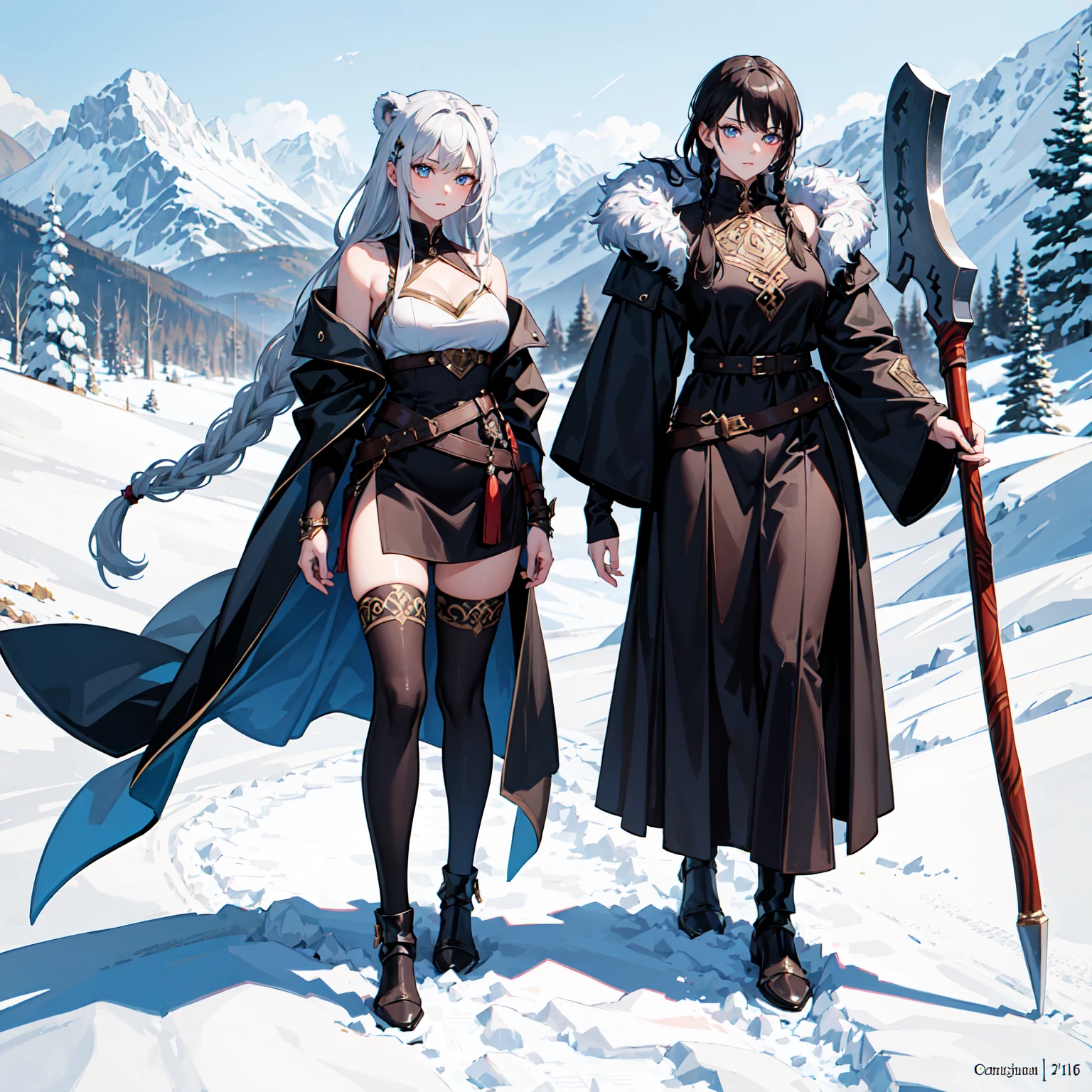 A woman wearing black fur coat, white tight dress, short white hair, gothic boots, faint blue eyes, outside a big house in winter, snow-filled place, snow-covered trees, big breasts, no duplicating people, solo,very detailed, masterpiece, high quality, ultra resolution, 4k hd