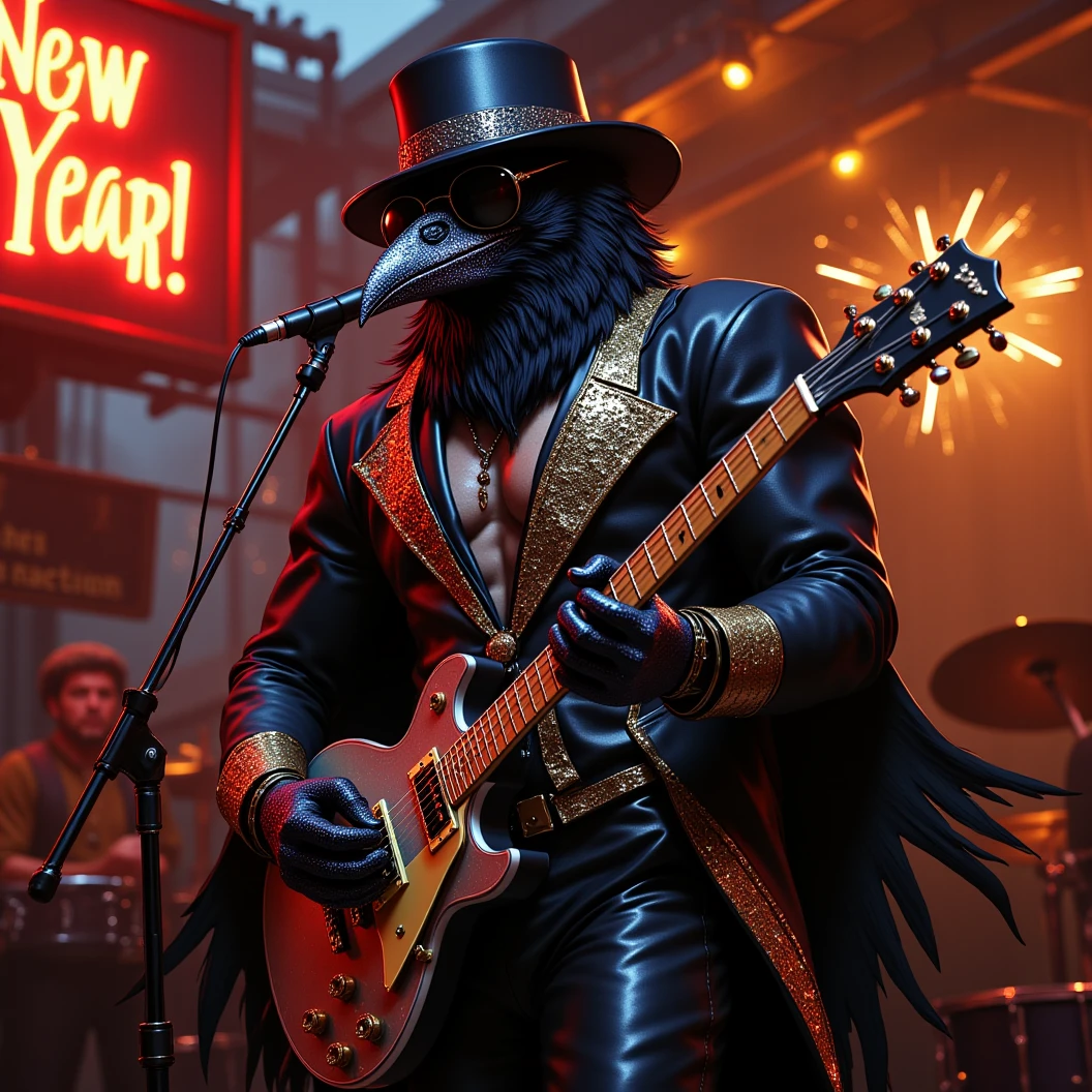 Muscular Anthropomorphic raven donned in intricate black suit with gold trim made of diamonds and a black diamond fedora. Diamonds cover his beak. Dynamically singing. Wears large sunglasses. Lead singer and electric guitar player of a jazz band at a high end jazz club. Sings in to a retro style microphone while playing his guitar. Behind the open air stage, fireworks burst. The words "Happy New Year MAB!!!   Live From The Pearl" on a neon sign. The base drum reads "Obsidian Rhythm Connection". Dynamic jazz band scene, dynamic pose, High Resolution, Masterpiece, Cinematic, Character Design, Hyperdetailed, Cinematography,  cinematic lighting, Depth Of Field, Sparkle, Ray Tracing, Image Fill, Dynamic Pose, old fashion microphone 