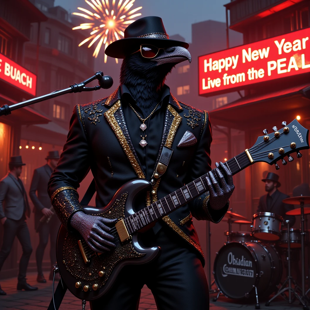 Muscular Anthropomorphic raven donned in intricate black suit with gold trim made of diamonds and a black diamond fedora. Diamonds cover his beak. Dynamically singing. Wears large sunglasses. Lead singer and electric guitar player of a jazz band at a high end jazz club. Sings in to a retro style microphone while playing his guitar. Behind the open air stage, fireworks burst. The words "Happy New Year MAB!!!   Live From The Pearl" on a neon sign. The base drum reads "Obsidian Rhythm Connection". Dynamic jazz band scene, dynamic pose, High Resolution, Masterpiece, Cinematic, Character Design, Hyperdetailed, Cinematography,  cinematic lighting, Depth Of Field, Sparkle, Ray Tracing, Image Fill, Dynamic Pose, old fashion microphone 