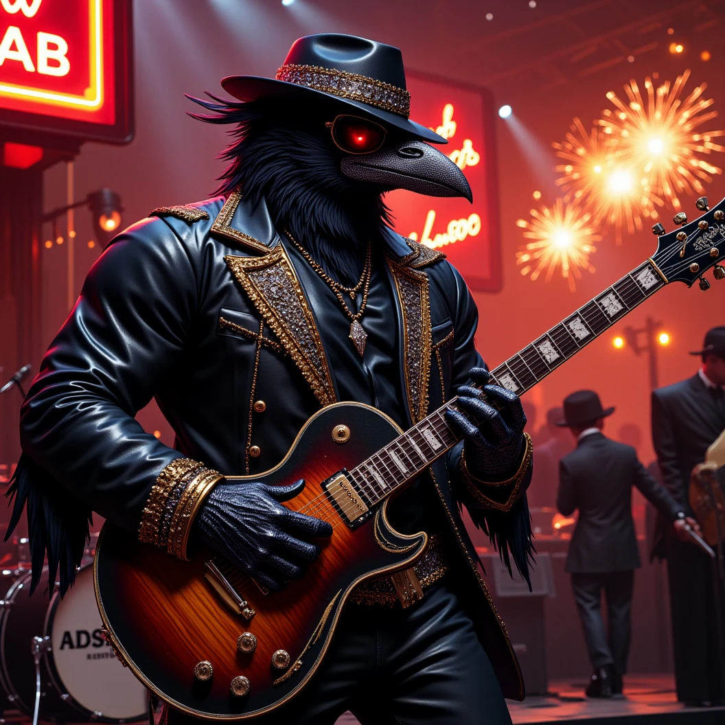 Muscular Anthropomorphic raven donned in intricate black suit with gold trim made of diamonds and a black diamond fedora. Diamonds cover his beak. Dynamically singing. Wears large sunglasses. Lead singer and electric guitar player of a jazz band at a high end jazz club. Sings in to a retro style microphone while playing his guitar. Behind the open air stage, fireworks burst. The words "Happy New Year MAB!!!   Live From The Pearl" on a neon sign. The base drum reads "Obsidian Rhythm Connection". Dynamic jazz band scene, dynamic pose, High Resolution, Masterpiece, Cinematic, Character Design, Hyperdetailed, Cinematography,  cinematic lighting, Depth Of Field, Sparkle, Ray Tracing, Image Fill, Dynamic Pose, old fashion microphone 