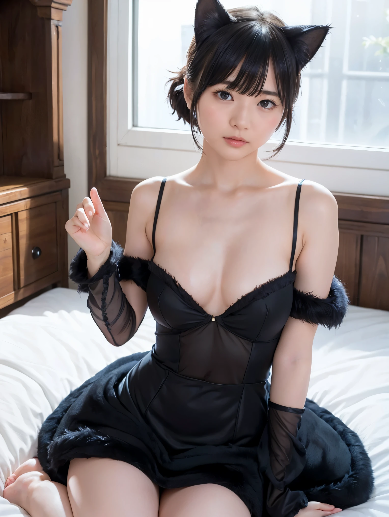 8k、 High Quality 、 super detailed 、 short hair with bangs 、( cute、 beautiful、 beautiful:1.5),(bedroom:1.3)、slouch、((( raise both hands)))、(((I'm showing off my sides by raising both elbows、 beautiful脇:1.5))),((( black costume、fur dress、Cat ears:1.4)))、(24 year old  cute )、((( sits on the bed 、seiza、 open legs)))、 beautiful寝顔、 beautiful足、Gentle lighting、A face that feels、 beautiful、((１people))、(( cute sexy pose))、Photo、 realistic、緻密で beautiful目、 hyperrealism 、 High Contrast 、Max image 、top quality、Small details、Very politely,   beautiful女性,I have a high resolution face 、 my body is covered with cat hair 、 realistic、 beautiful女性,I have a high resolution face 、 my body is covered with cat hair ,20 years old, detailed facial features      