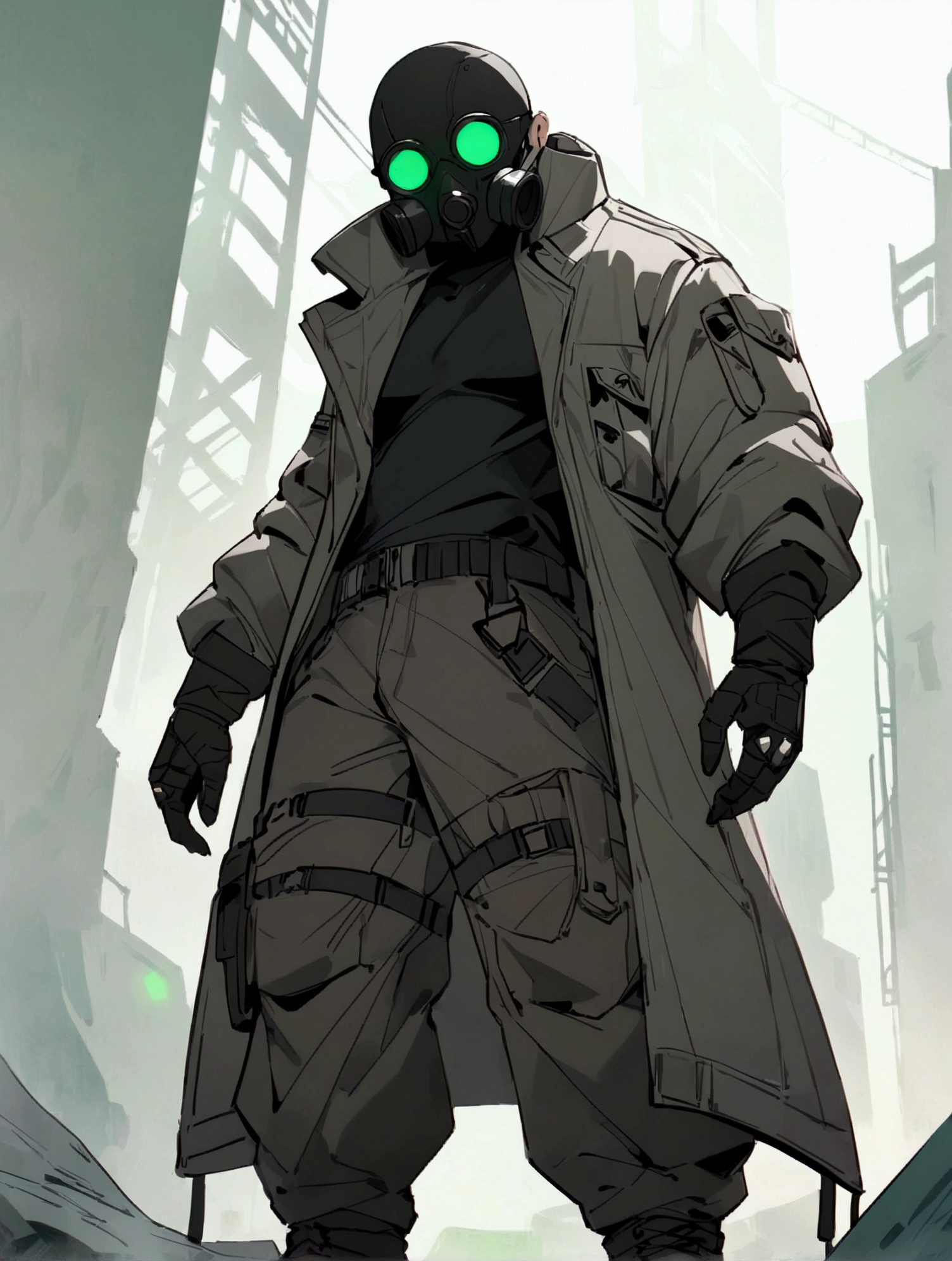 masterpiece, newest, absurdres, safe, masterpiece, newest, absurdres, safe, high detailed, male, full head gas-mask, green lenses, grey coat, black shirt, and baggy cargo pants. faceless, low-key lighting. sci-fi soldier. cyberpunk, retro, soldier, wastelander., full body, standing on the wasteland, solo, male, soldier,  shirt, no humans, simple background, pants, grey pants, grey background, looking at viewer, coat