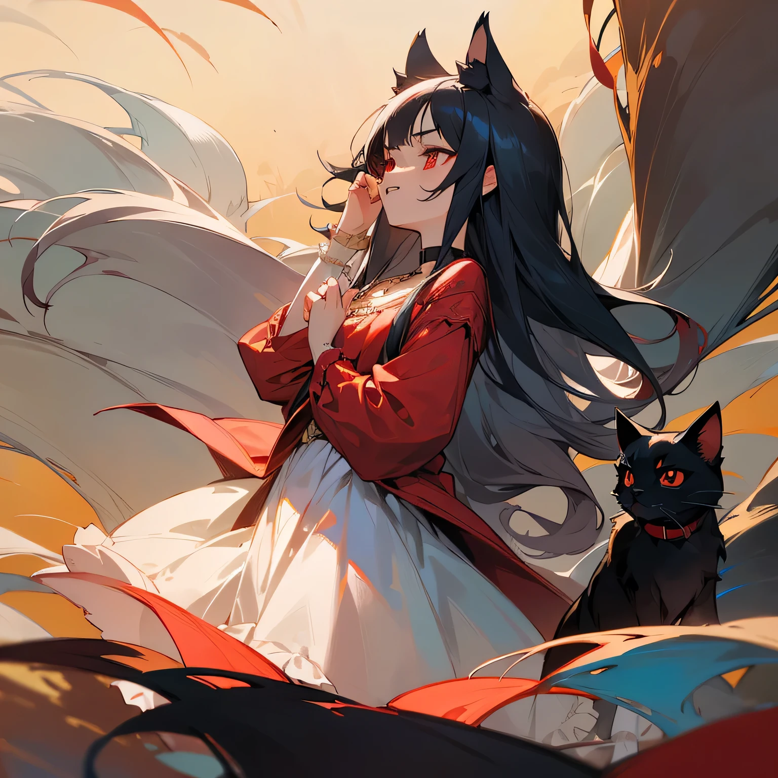 Create a medieval-inspired anime-style illustration of a dark and enigmatic female half-demon character. She is wearing a long, dark robe or cloak with red accents, featuring medieval elements like a hood and flowing sleeves. She has a pale complexion, black hair with bangs, and a serious, introspective expression. A black cat with red eyes sits on her shoulder. The background is a dark, medieval setting with hints of ancient architecture and shadows, with a predominately black color scheme. The art style should blend hyper-realism with traditional Japanese comic aesthetics, emphasizing heavy shadows and minimal details for a mysterious atmosphere.
