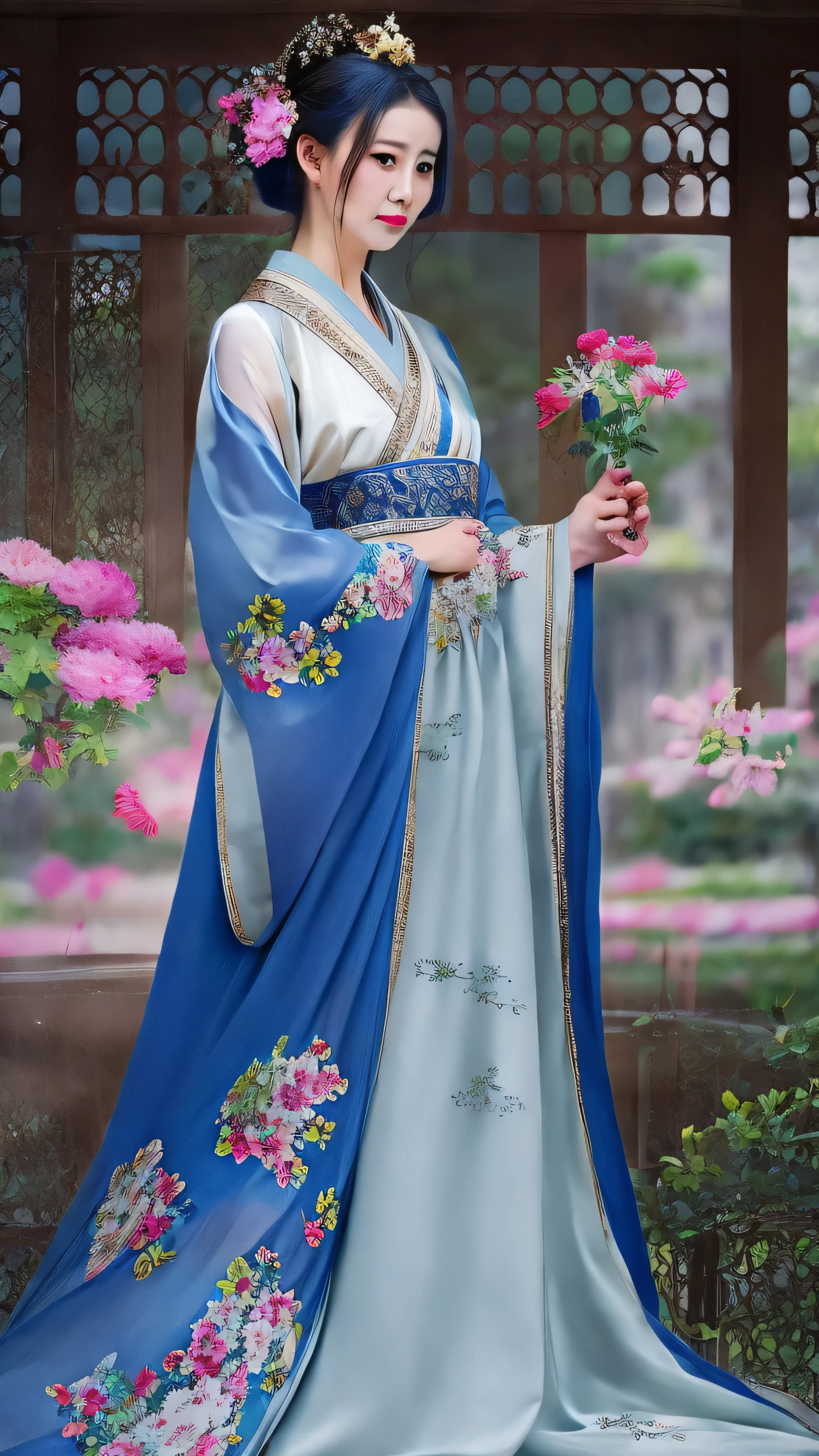 A woman in a blue and white dress with flowers in her hair, Hanfu, palace, girl in Hanfu, blue Hanfu, white Hanfu,  Expecting  , ((BEAUTIFUL FANTASY QUEEN )), ancient Chinese Princess, Chinese style,  traditional Chinese costume , Ancient Chinese Clothing, BEAUTIFUL FANTASY QUEEN , Chinese Princess, Traditional beauty,