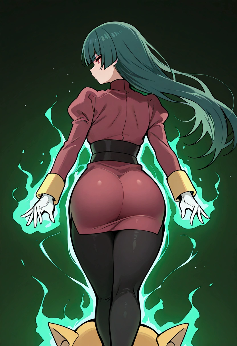 From behind, Solo, Sabrina from Pokémon,bangs, long deep green hair,serious look,Sabrina outfit, green aura, telekinetic power, pokeballs floating, psy pose, look viewver, around ass, perfect legs, Alakazam,dynamic pose in motion. dynamic pose, beauty, proud,perfect scene , Masterpiece, score 9, anime colors, AMERICAN SHOT, beautiful, composition, HARMONY, high quality ,beautiful