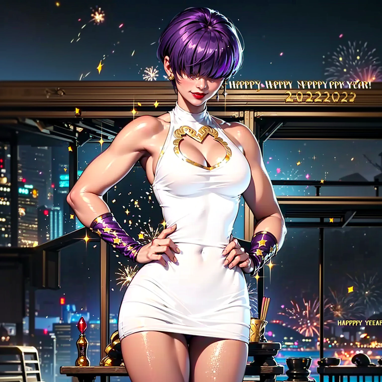 ((shiny eyes, 1girl, milf, standing, sexy pose, ((Orochi_Shermie, purple hair, short hair, hair bangs, hair over the eyes)), perfect face, sharp focus, professional artwork, intricate details)), ((fitness,, shapely body, athletic body, toned body)), ((white dress, white dress, dress with gold embroidery, gold bodycon dress, (((sparkly dress, sequin dress, gold sequins, silver, new year))), new year's eve, fireworks, 2025, happy new year, happy 2025, new year's, night, stars, balloons, new year decoration, beach, sea, bonfire, luau, kiosks, stars, , smug smile, smug, party, confetti, red lipstick, fireworks, looking at back))