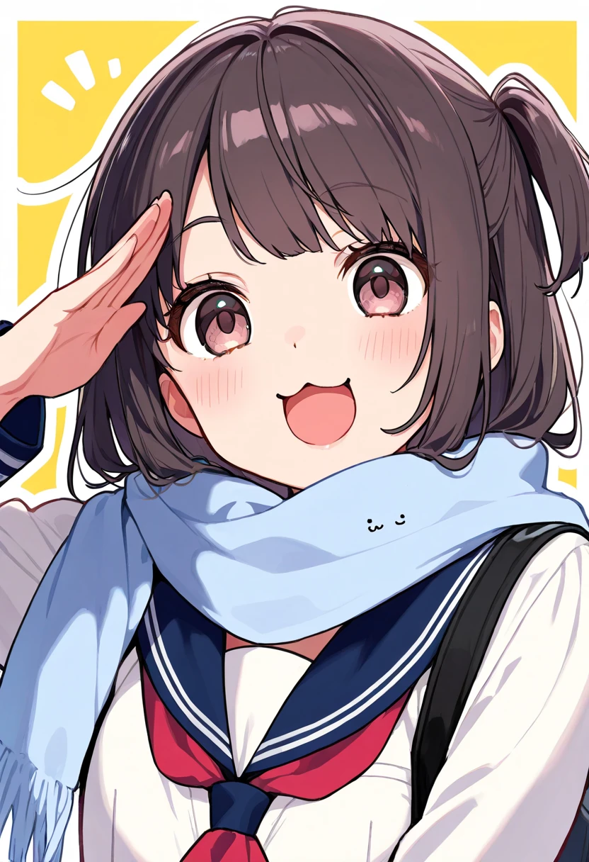 1girl\(\(shikanoko noko\),smile,open mouth,:3,salute, school sailor\(light blue scarf\),