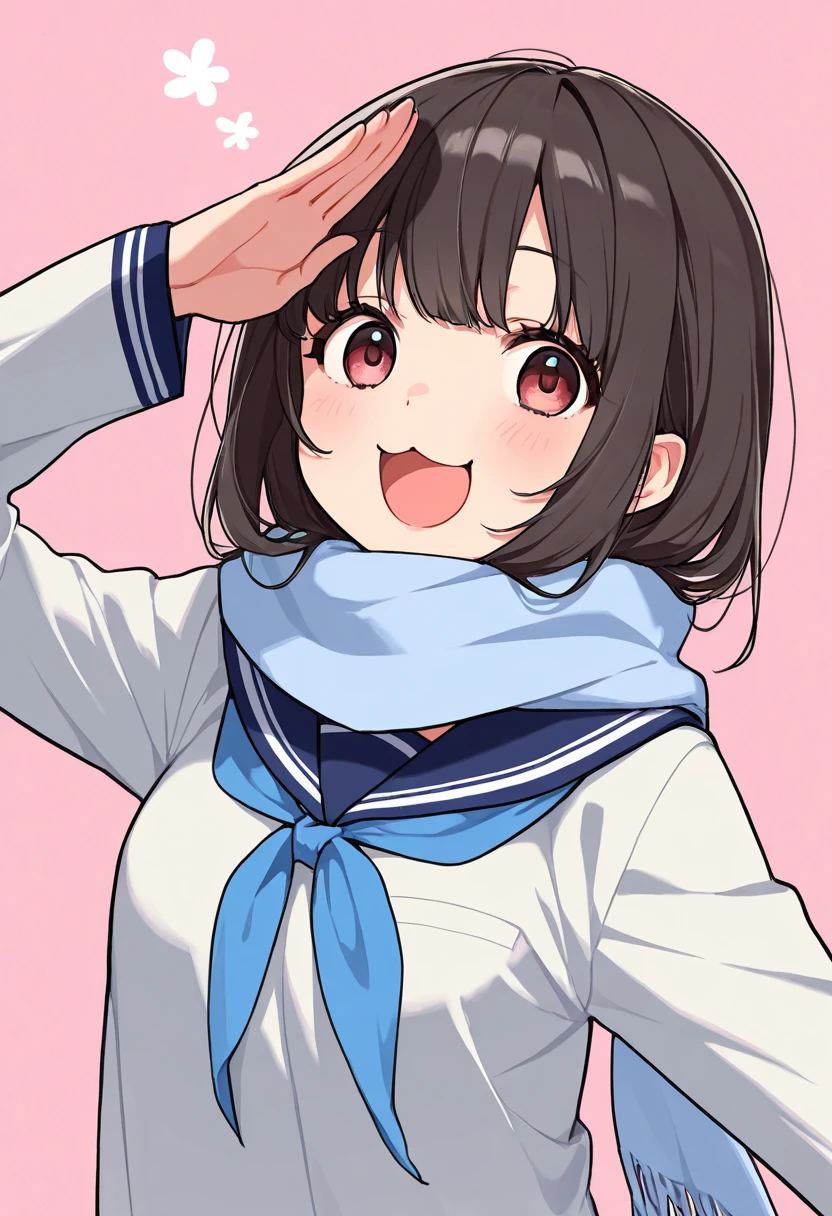 1girl\(\(shikanoko noko\),smile,open mouth,:3,salute, school sailor\(light blue scarf\),