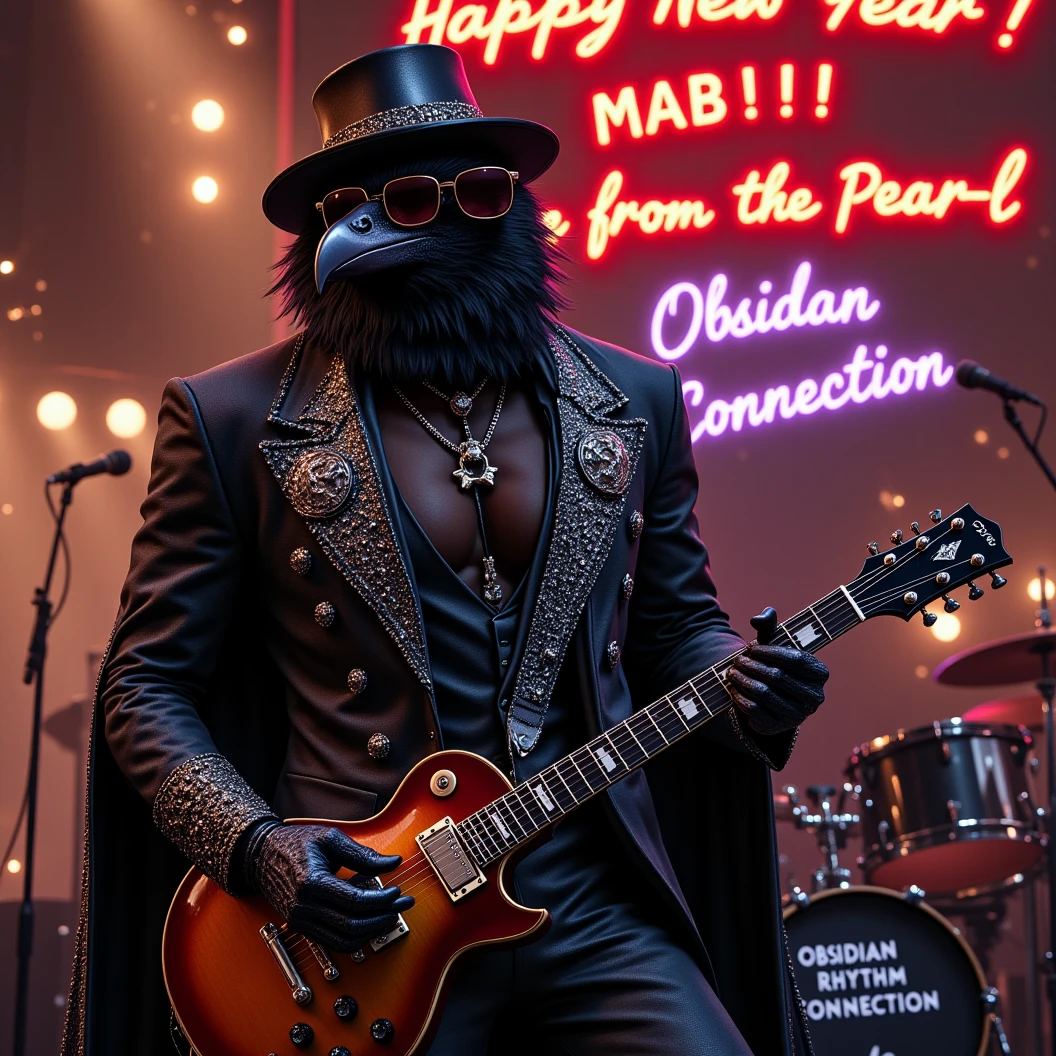 Muscular Anthropomorphic raven donned in intricate black suit with gold trim made of diamonds and a black diamond fedora. Diamonds cover his beak. Dynamically singing. Wears large sunglasses. Lead singer and electric guitar player of a jazz band at a high end jazz club. Sings in to a retro style microphone while playing his guitar. Behind the open air stage, fireworks burst. The words "Happy New Year MAB!!!   Live From The Pearl" on a neon sign. The base drum reads "Obsidian Rhythm Connection". Dynamic jazz band scene, dynamic pose, High Resolution, Masterpiece, Cinematic, Character Design, Hyperdetailed, Cinematography,  cinematic lighting, Depth Of Field, Sparkle, Ray Tracing, Image Fill, Dynamic Pose, old fashion microphone 