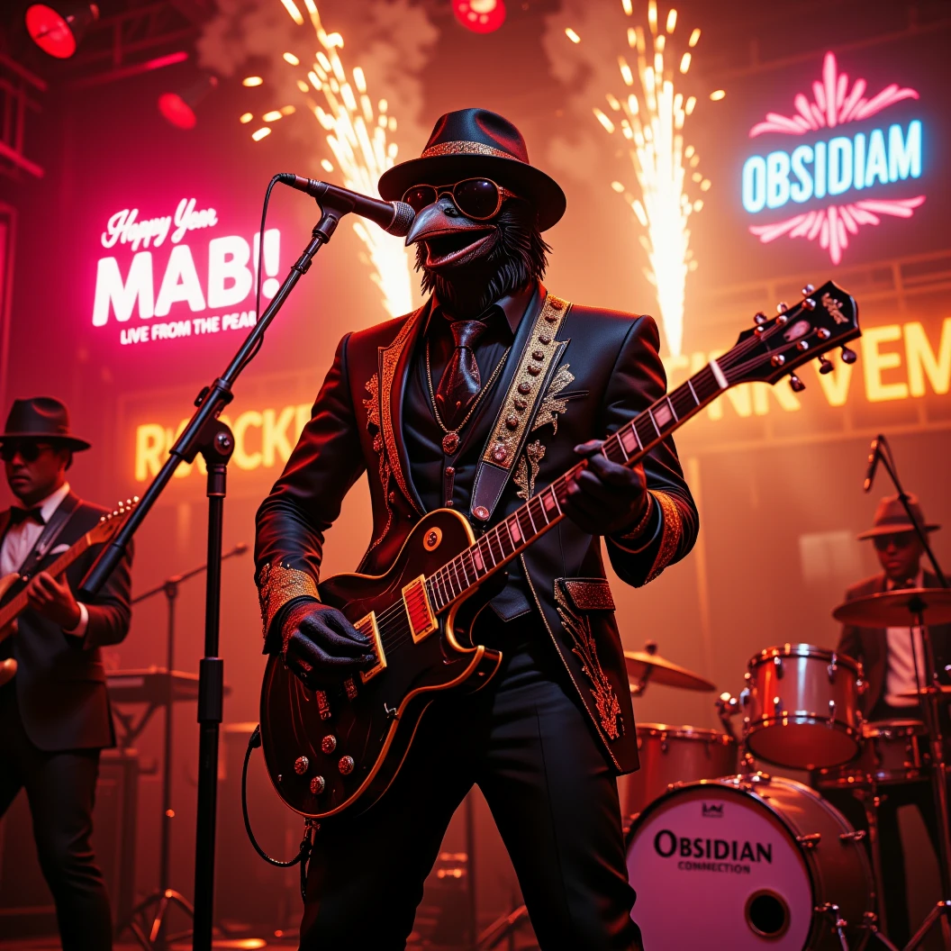 Muscular Anthropomorphic raven donned in intricate black suit with gold trim made of diamonds and a black diamond fedora. Diamonds cover his beak. Dynamically singing. Wears large sunglasses. Lead singer and electric guitar player of a jazz band at a high end jazz club. Sings in to a retro style microphone while playing his guitar. Behind the open air stage, fireworks burst. The words "Happy New Year MAB!!!   Live From The Pearl" on a neon sign. The base drum reads "Obsidian Rhythm Connection". Dynamic jazz band scene, dynamic pose, High Resolution, Masterpiece, Cinematic, Character Design, Hyperdetailed, Cinematography,  cinematic lighting, Depth Of Field, Sparkle, Ray Tracing, Image Fill, Dynamic Pose, old fashion microphone 