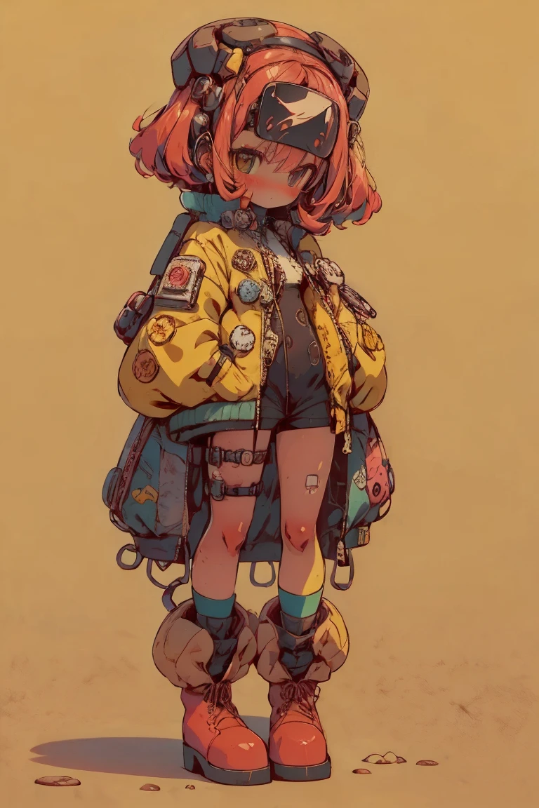   full body portrait , (  super detailed ,  Super high resolution ,   detailed background ),((2D)),((  flat color)),((achromatic  )),  1 girl,,   viewers,   loose red flight suit  ,   wear large sheepskin colored bomber jacket, ( big yellow boots  ),  Plush color  ,   full body portrait ,  wear VR goggles , ((  Baron Desert Intracat background  )), ((Doomsday City)),   Expressing the whole body , ((  drone next to her  )), Pop Art Style, plastican00d