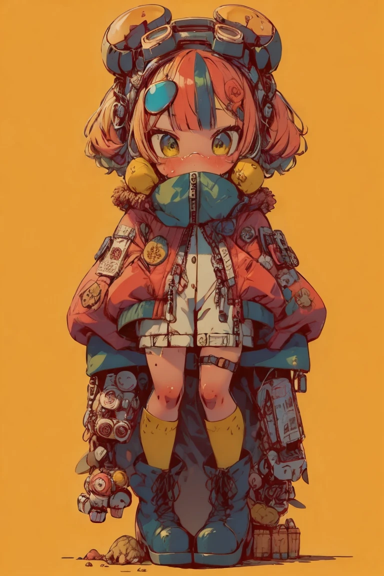   full body portrait , (  super detailed ,  Super high resolution ,   detailed background ),((2D)),((  flat color)),((achromatic  )),  1 girl,,   viewers,   loose red flight suit  ,   wear large sheepskin colored bomber jacket, ( big yellow boots  ),  Plush color  ,   full body portrait ,  wear VR goggles , ((  Baron Desert Intracat background  )), ((Doomsday City)),   Expressing the whole body , ((  drone next to her  )), Pop Art Style, plastican00d