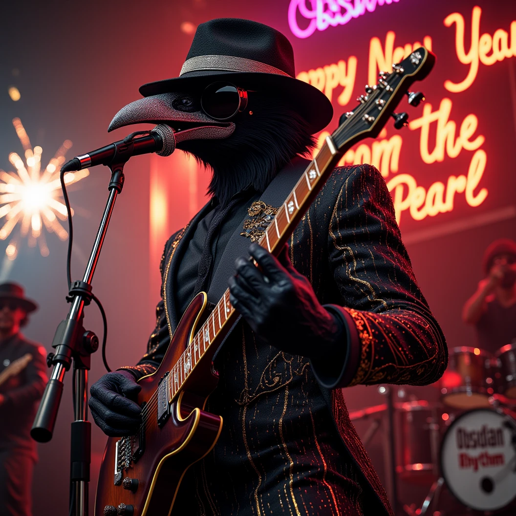 Muscular Anthropomorphic raven donned in intricate black suit with gold trim made of diamonds and a black diamond fedora. Diamonds cover his beak. Dynamically singing. Wears large sunglasses. Lead singer and electric guitar player of a jazz band at a high end jazz club. Sings in to a retro style microphone while playing his guitar. Behind the open air stage, fireworks burst. The words "Happy New Year MAB!!!   Live From The Pearl" on a neon sign. The base drum reads "Obsidian Rhythm Connection". Dynamic jazz band scene, dynamic pose, High Resolution, Masterpiece, Cinematic, Character Design, Hyperdetailed, Cinematography,  cinematic lighting, Depth Of Field, Sparkle, Ray Tracing, Image Fill, Dynamic Pose, old fashion microphone 