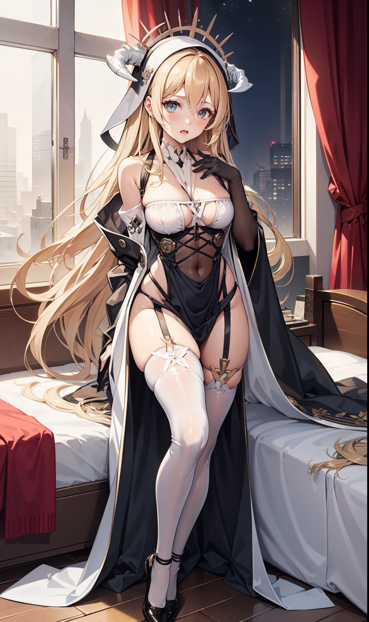 tmasterpiece, Best quality, Long gray hair, Blonde hair, eBlue eyes,  Large breasts, Indoors, window, Wide hips,vup vertical painting，Sit Pose，Bareleged，high-heels，Full body photo