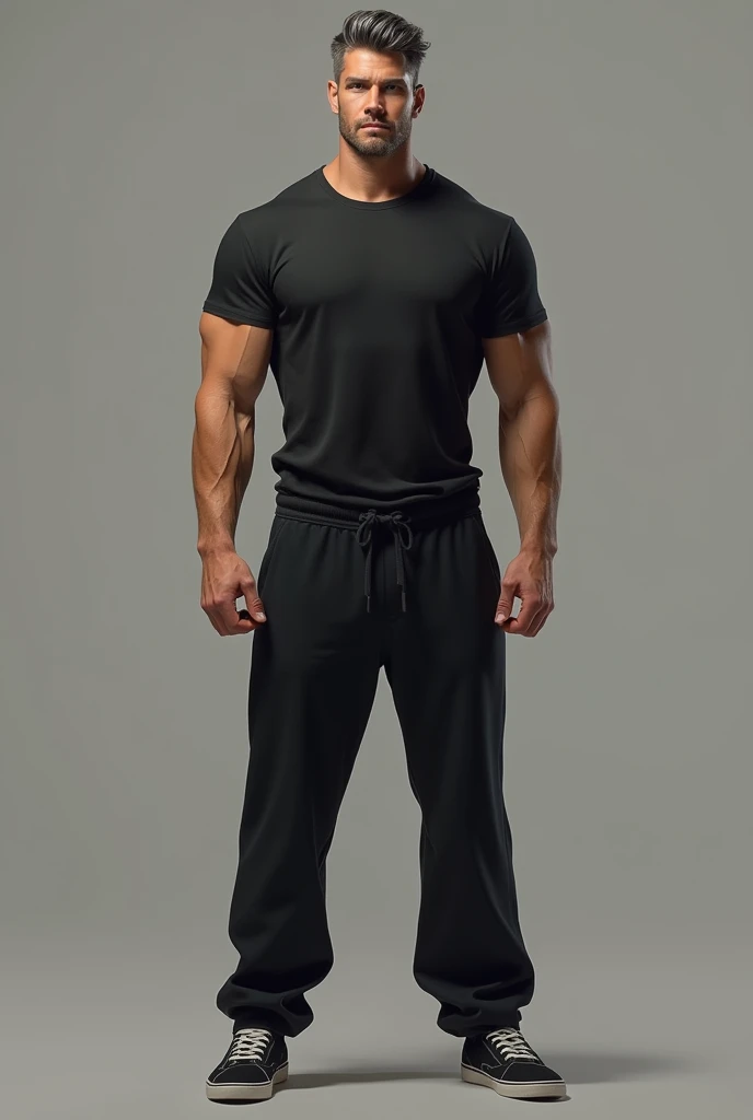 A tall man with black hair, mid-fade cut, cinnamon skin, small ears, slightly upturned nose, big eyes, oval-shaped face, flat stomach, thin legs, slightly large arms, broad back, weighs 70 kilos, I want a full body image
