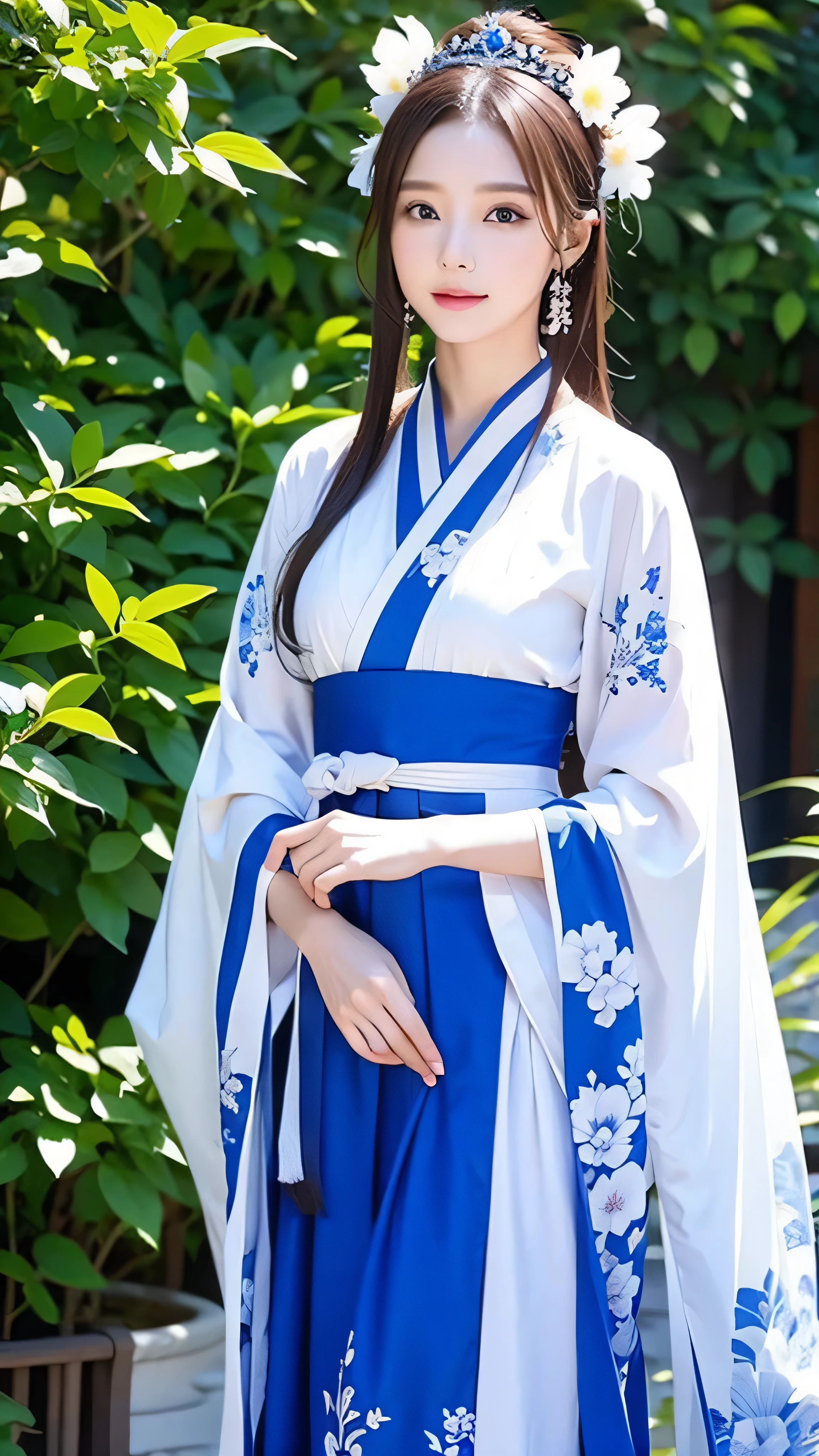 A woman in a blue and white dress with flowers in her hair, Hanfu, palace, girl in Hanfu, blue Hanfu, white Hanfu,  Expecting  , ((BEAUTIFUL FANTASY QUEEN )), ancient Chinese Princess, Chinese style,  traditional Chinese costume , Ancient Chinese Clothing, BEAUTIFUL FANTASY QUEEN , Chinese Princess, Traditional beauty,