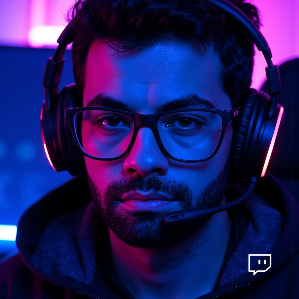 ((Masterpiece)), (ultra-detailed), (8k resolution), A dynamic **Twitch avatar** of **Pivalora2**, styled for a professional e-sports vibe. The composition features a close-up of **Pivalora2’s face**, wearing **black prescription glasses** with a sleek, modern frame that reflects faint **RGB lighting** from a professional gamer headset. His expression is confident and focused, showcasing the determined attitude of a competitive gamer.  

The background is minimal yet vibrant, incorporating a **blurred neon glow** in hues of blue and purple, inspired by the energetic ambiance of gaming arenas. The lighting is sharp and cinematic, with highlights on his glasses and headset for a polished, high-quality appearance. The design integrates a **subtle Twitch logo-inspired outline** or **stylized gamer tag (Pivalora2)**, placed at the bottom corner for branding.  

Perfect for Twitch use, this avatar blends professionalism with personality, capturing the essence of **e-sports competition** in a bold, engaging way. **(Twitch avatar, e-sports branding, RGB lighting, cinematic focus, neon accents, professional design)**.  