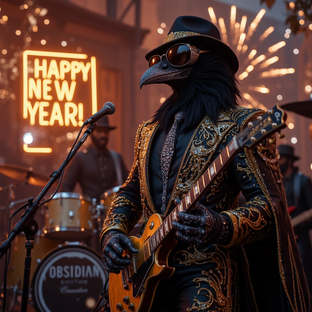 Muscular Anthropomorphic raven donned in intricate black suit with gold trim made of diamonds and a black diamond fedora. Diamonds cover his beak. Dynamically singing. Wears large sunglasses. Lead singer and electric guitar player of a jazz band at a high end jazz club. Sings in to a retro style microphone while playing his guitar. Behind the open air stage, fireworks burst. The words "Happy New Year MAB!!!   Live From The Pearl" on a neon sign. The base drum reads "Obsidian Rhythm Connection". Dynamic jazz band scene, dynamic pose, High Resolution, Masterpiece, Cinematic, Character Design, Hyperdetailed, Cinematography,  cinematic lighting, Depth Of Field, Sparkle, Ray Tracing, Image Fill, Dynamic Pose, old fashion microphone 