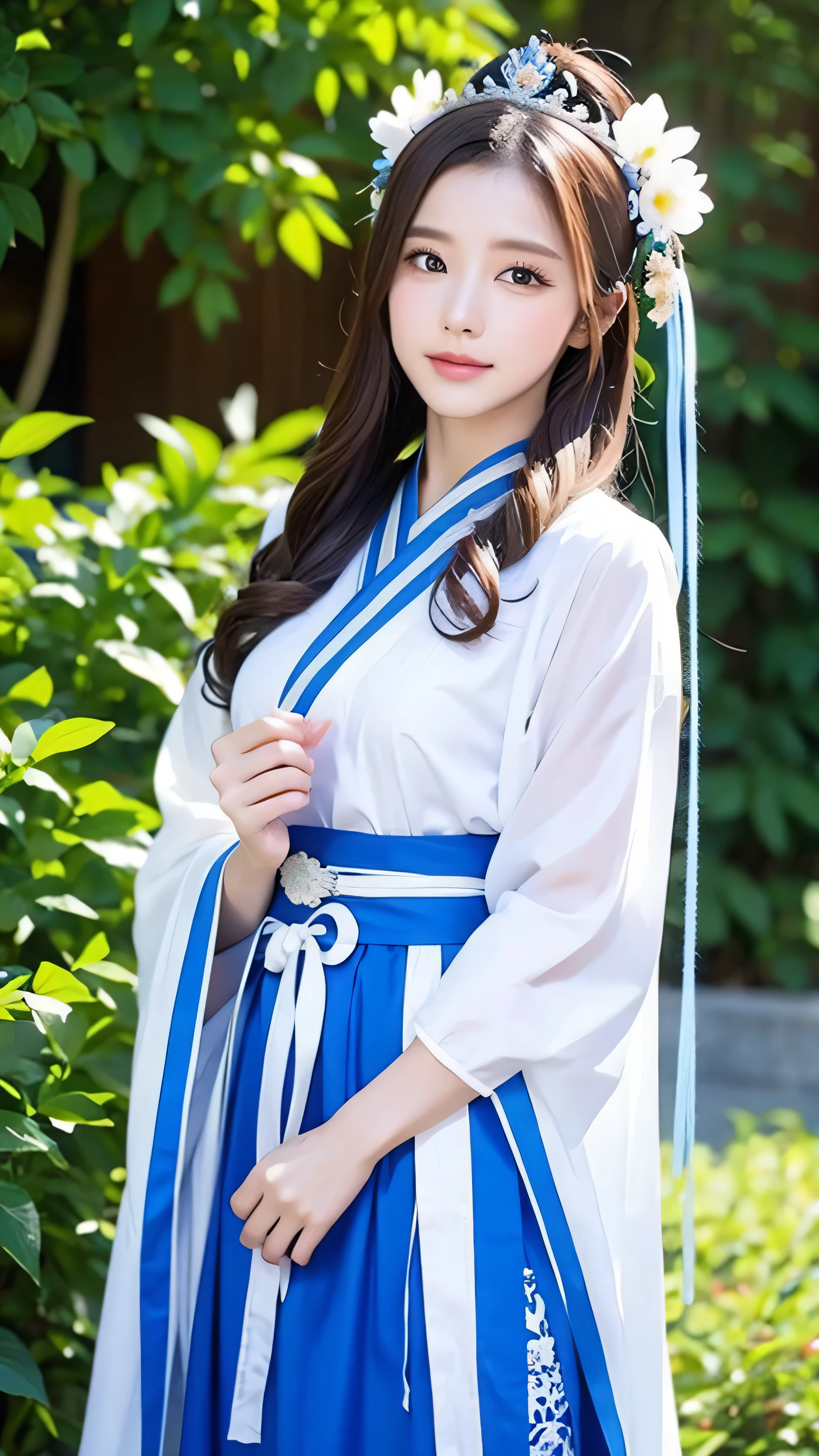 A woman in a blue and white dress with flowers in her hair, Hanfu, palace, girl in Hanfu, blue Hanfu, white Hanfu, Expecting , ((BEAUTIFUL FANTASY QUEEN )), ancient Chinese Princess, Chinese style, traditional Chinese costume , Ancient Chinese Clothing, BEAUTIFUL FANTASY QUEEN , Chinese Princess, Traditional beauty,