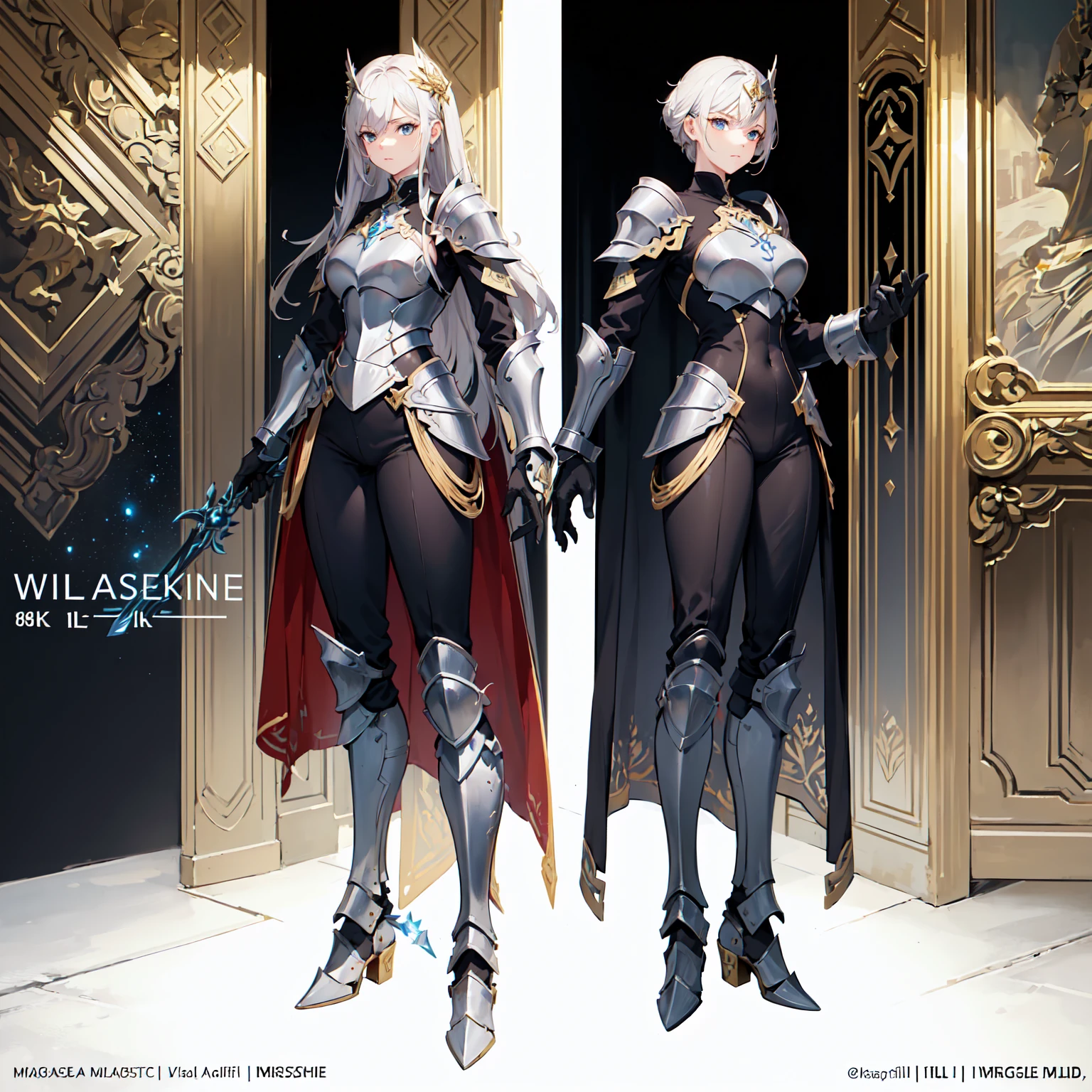 Multi-view, front view, rear view, concept art, character standing painting, 1girl, armor, multiple views, veil, breasts, high heels, thighhighs, asymmetrical legwear, gradient, full body, standing, shoulder armor, gradient background, asymmetrical clothes, dress, blonde hair, looking at viewer