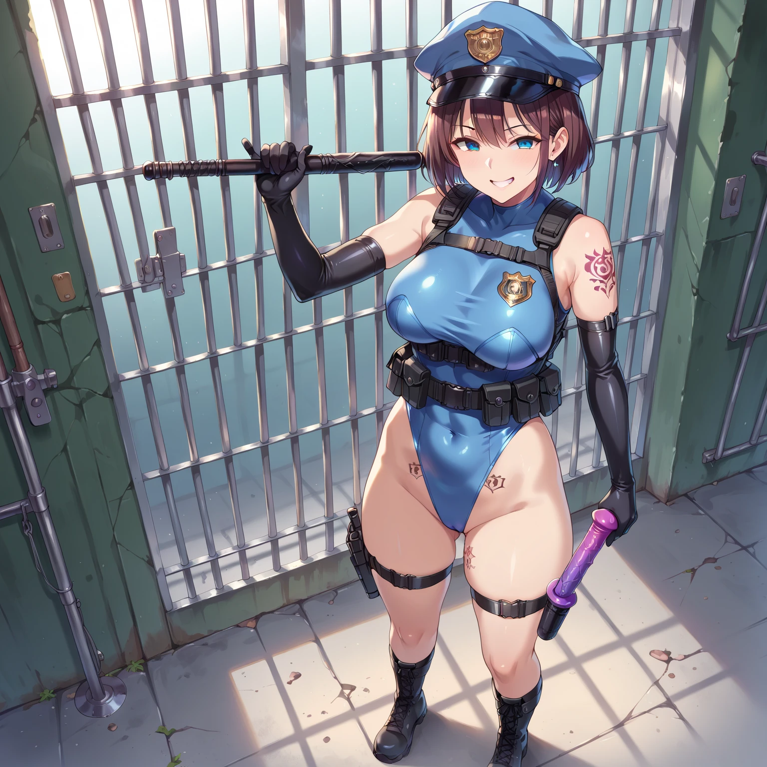 (negative_v2 Color_Balance_Calibration:0.8), (best quality, masterpiece, very detailed), (prison), (police), (Lewd Tattoo), whole body, Illustration, from above, 
AND 
(1Mature Woman), blown short hair, (tactical vest), (blue leotard:1.3), (Garter Stockings), (garter ring), (Long gloves), (Elbow protectors), (Military Gloves), (Thigh Holster), (Hip Holster), (Tactical Belt), (dildo, baton), (strap-on), combat boots, standing, Wicked Smile, Condescending smile, 