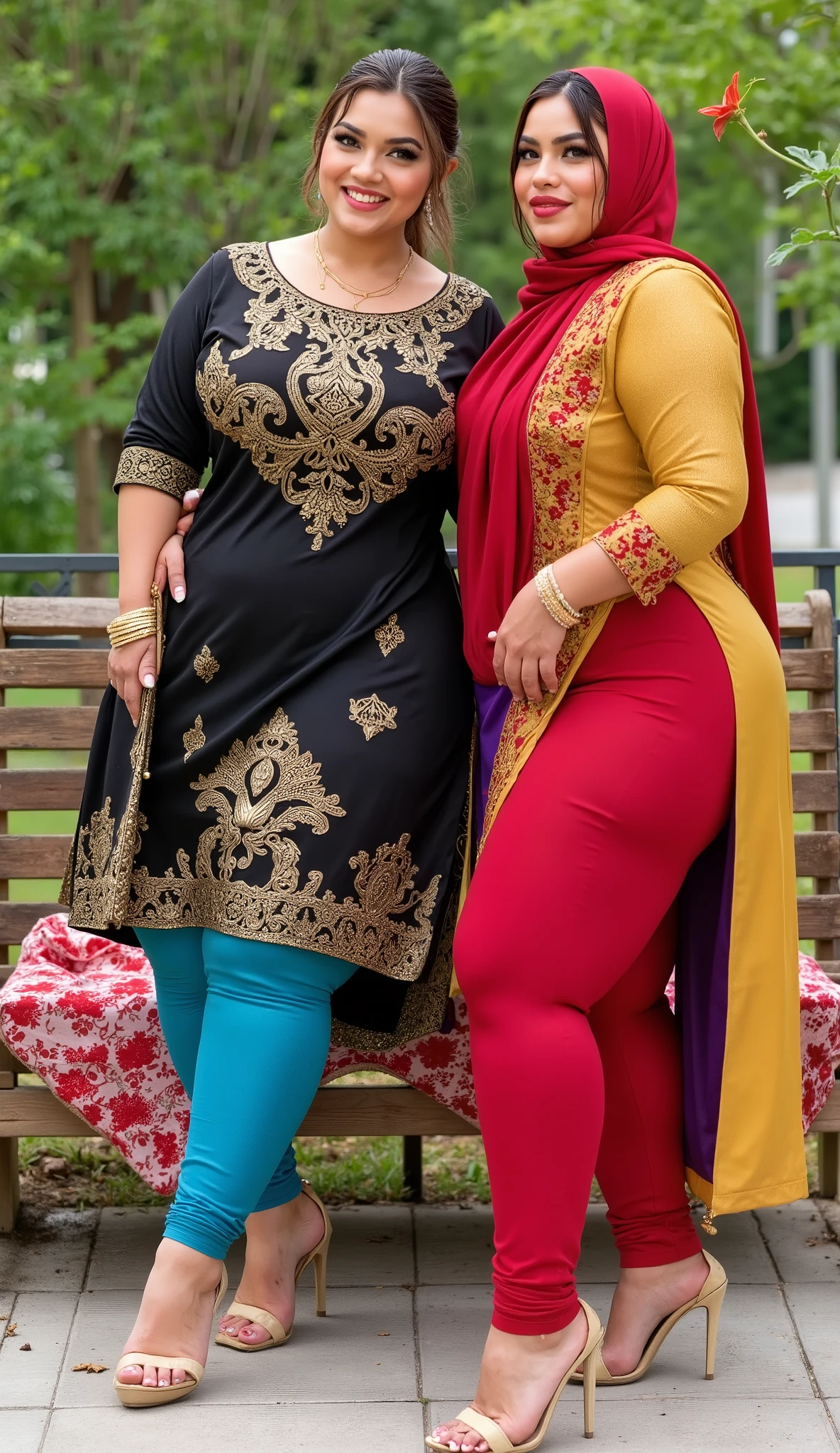 I am 40 year old plus size tall and big giant indian muslim women, looking like indian actress hansika motwani, wearing a gold amd black boarded kurti and shining reflective glossy cyan ankle length leggings and red hijab,white-skin,white skin tone, beautiful face, red lips, clean skin, celebrity face, thick leggs, round ass,bulging ass,huge breast, i am with another 40 plus size tall and big giant indian wife, looking like indian actress anushka shetty, wearing shining reflective glossy bronze ankle length leggings and purple golden boarded kurti, white skin tone, beautiful face, red lips, clean skin, celebrity face, thick leggs, round ass,bulging ass,huge breast,low bun hair,all indian ornaments like ,gold chain,gold necklace,gold ear ring with chain connect with nose ,nose stud ,auspicious thread in Necklace, Armlet, bangles,red sindur on head,women standing looking the viewer,both women have huge bulging assand wide hips,smiling happy face,red and gold stileto heels,looking straight to camera, realistic photo, looking straight to camera,full body image,wide angle shot in camera, realistic photo,a quarter back side view of women,women sitting on a backless bench in garden, four nigerian gym wearing under wear only standing on back side of women