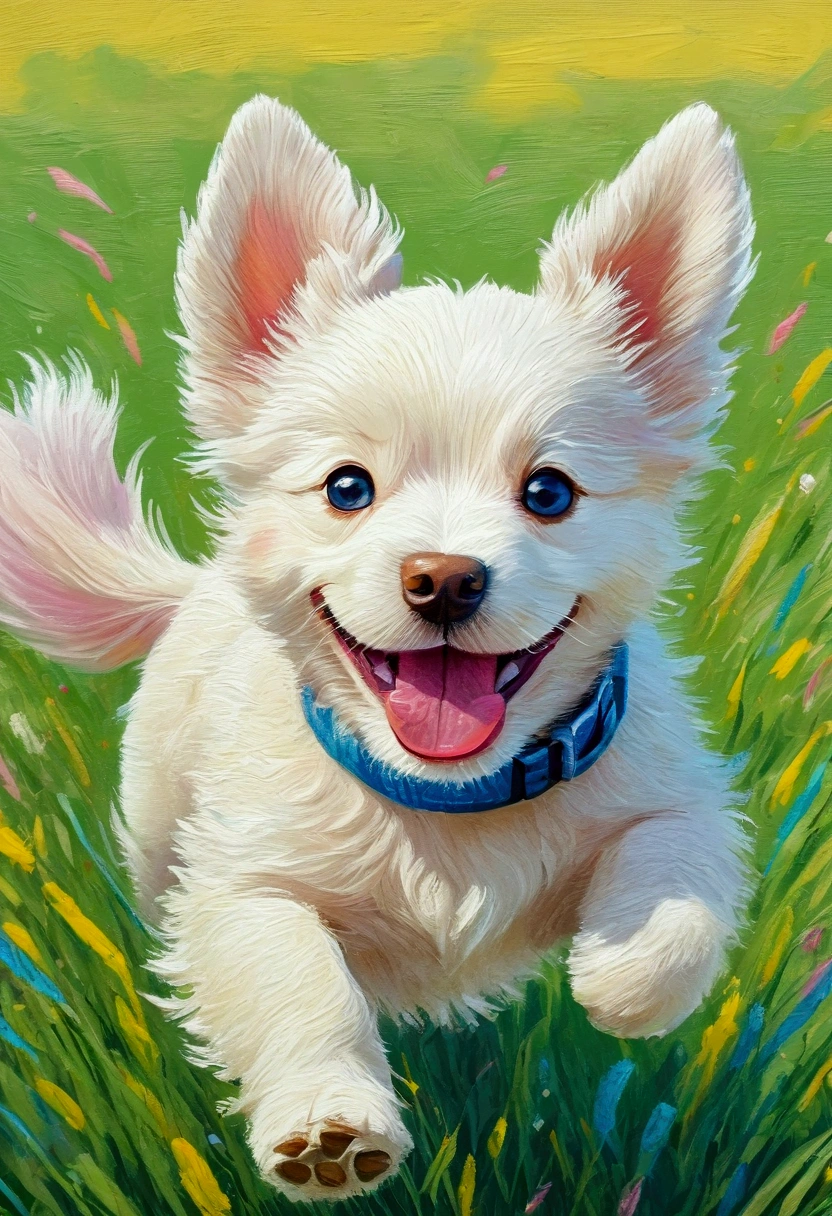 a happy puppy running across a grassy field, childlike art, crayon drawing, oil pastel painting, cartoon illustration, cute art style, folk art, (best quality,4k,8k,highres,masterpiece:1.2),ultra-detailed,(realistic,photorealistic,photo-realistic:1.37),1 dog, cute puppy face, expressive eyes, detailed fur, playful pose, vibrant colors, pastel palette, rough edges, grainy texture, yellow, pink, blue