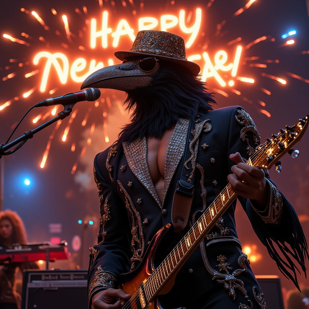 Muscular Anthropomorphic raven donned in intricate black suit with gold trim made of diamonds and a black diamond fedora. Diamonds cover his beak. Dynamically singing. Wears large sunglasses. Lead singer and electric guitar player of a jazz band at a high end jazz club. Sings in to a retro style microphone while playing his guitar. Behind the open air stage, fireworks burst. The words "Happy New Year MAB!!!   Live From The Pearl" on a neon sign. The base drum reads "Obsidian Rhythm Connection". Dynamic jazz band scene, dynamic pose, High Resolution, Masterpiece, Cinematic, Character Design, Hyperdetailed, Cinematography,  cinematic lighting, Depth Of Field, Sparkle, Ray Tracing, Image Fill, Dynamic Pose, old fashion microphone 