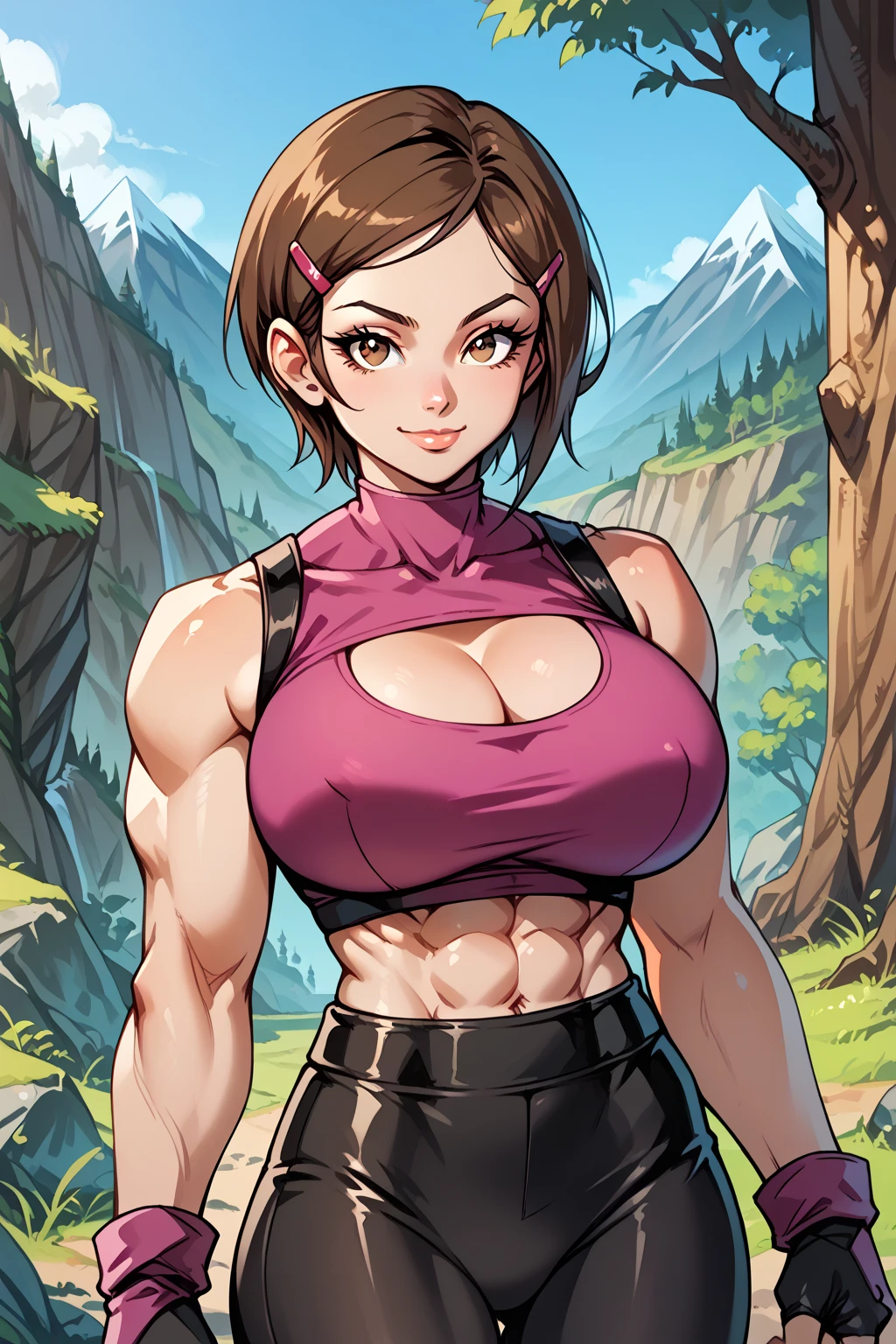 score_9, score_8_up, score_7_up, score_6_up, BREAK, 
torso, girl, short hair, brown hair, brown eyes, hairclip, fingerless gloves, sleeveless top, magenta top, belt, black bike shorts,
tight outfit, abs, toned, muscles, sexy smile, breast implants, fake tits, cleavage, bursting breasts, skindentation, 
sexy pose, mountains and forest background,