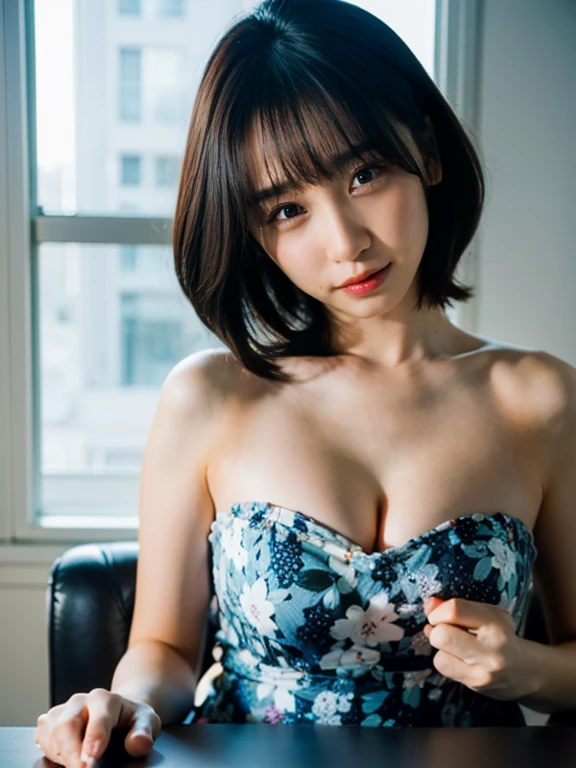 one woman,strapless dress,(:1.5),spread legs,panty shot,sitting in a chair,whole body,(:1.8),cute face,embarrassed,from front,looking at viewer,indoor,in the office,high quality,photorealistic,masterpiece,highly detailed,japanese,beautiful woman,gravure
