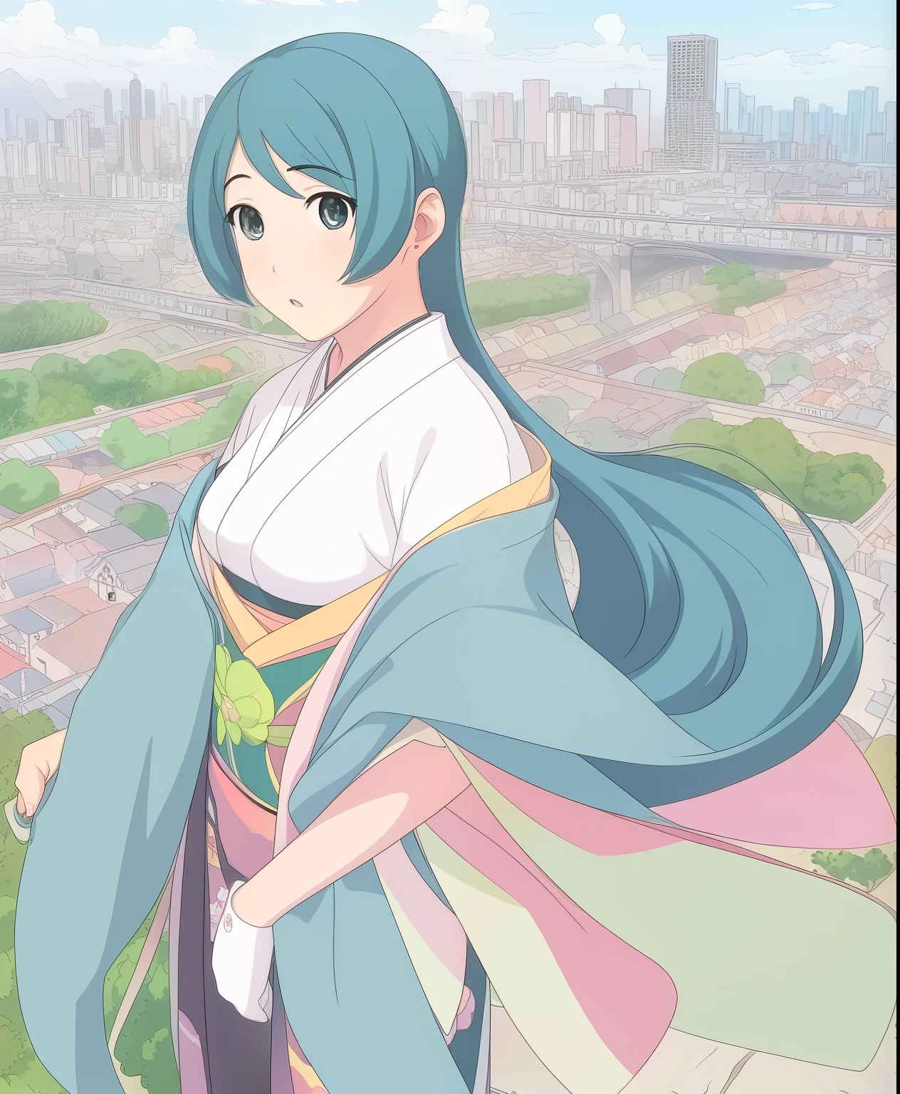 (masterpiece、 top quality 、 top quality 、 Official Art、beautiful beautiful:1.2)、( 1 girl:1.3) Hatsune Miku 、 twin tails,Big Breasted ,_ high school girl、kimono,Ink Art、(( top quality 、8k、masterpiece:1.3))、( clear focus:1.2)、( Comic Book Style ),(),( Line Art_Anime)、( pastel color:1.2),((Monotony_High contrast art:1.2))、 flat chest、( complex background:1.2),( Laura :Add details:1.2)、 sharp outline 、シャープな Line Art、old japanese cityscape background