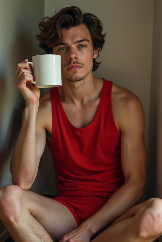 Young man , face perfect, honey eyes , skinny sexy , wearing no shirt, muscular short straight rebellious hair, He is sitting at the table eating cornmeal cake with coffee., dirty poor kitchen, falling apart, in favela , He's hungry , is 18 years old, is happy , having afternoon coffee after football , jaded, mouth with cake crumbs 