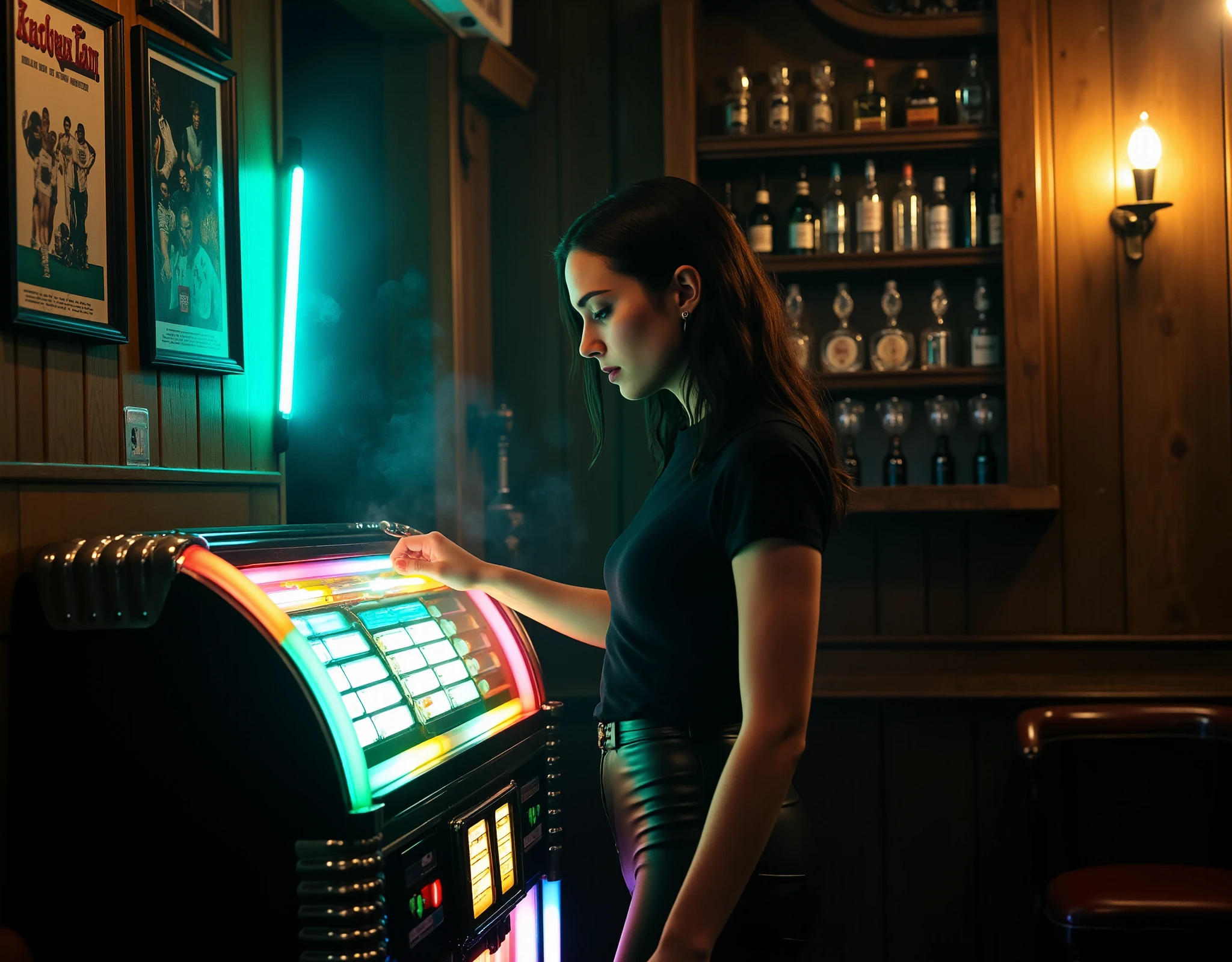 A Cinematic shot in a cozy, traditional English pub, a 19-year-old girl stands beside a vintage jukebox, her fingers hovering over the colorful buttons as she selects a song. She is dressed in a tight, fitted black t-shirt that subtly outlines her figure, paired with matte black leather pants that reflect faint glimmers of light. Her dark, smudged makeup enhances her bold and edgy appearance. The pub is steeped in nostalgia, its walls adorned with faded band posters, old soccer team photos, and wooden shelves stocked with an array of glass bottles and spirits. The air is hazy with cigarette smoke, curling upward into the dimly lit ceiling. A small turquoise neon light casts an ethereal glow, softly illuminating her determined expression while throwing cool tones across her silhouette. The jukebox radiates vibrant, multicolored lights, its warm hues adding contrast to the cooler tones of the room. Shadows flicker and dance on the worn wooden walls, blending the neon glow with the dim amber lighting from vintage wall sconces. The scene exudes a mix of resilience and nostalgia, with the clatter of glasses, distant laughter, and the faint hum of an old jukebox track filling the air, encapsulating the timeless charm of the pub. 

