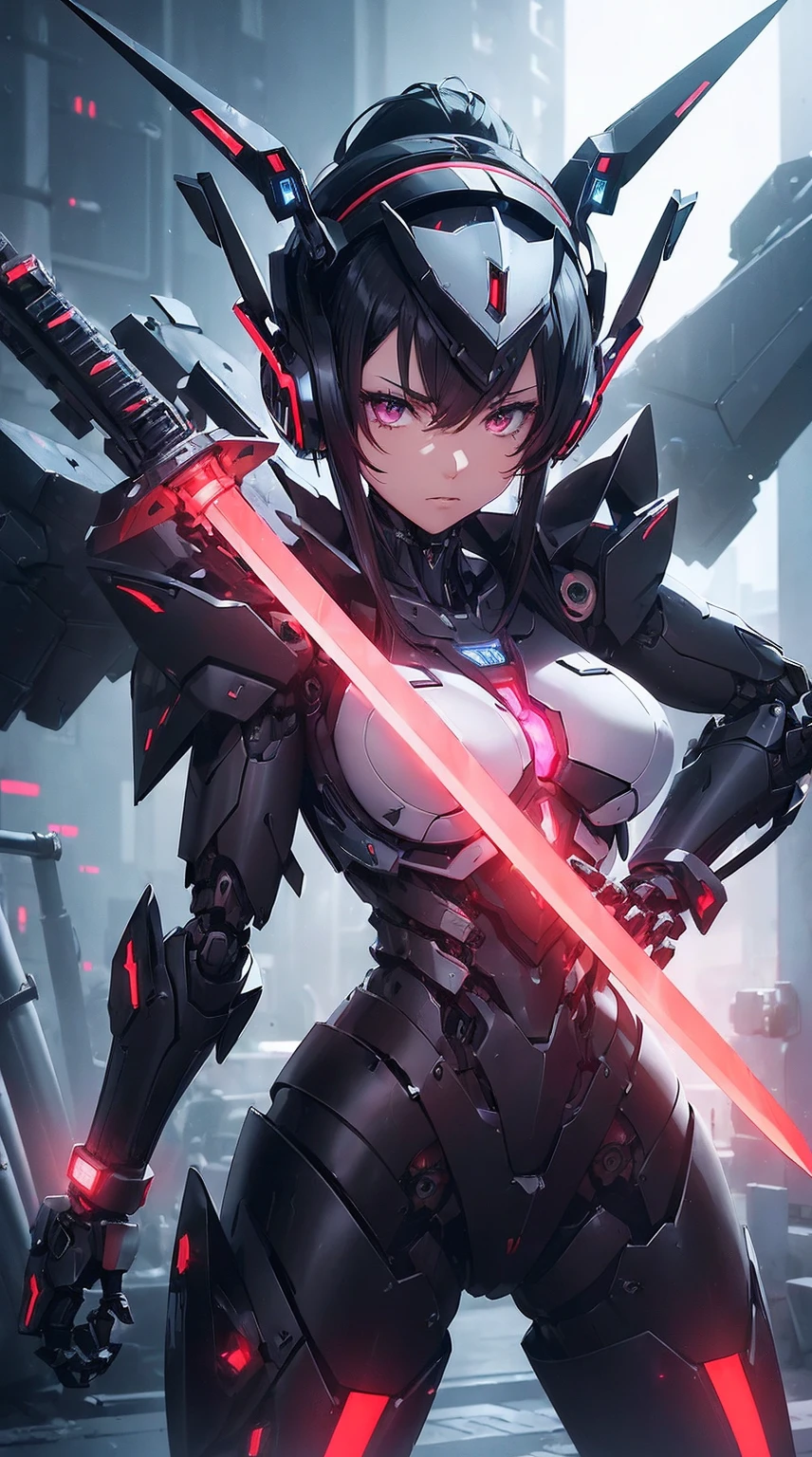 a person swinging a sword in a fight, city, concept art by Yang J, trending on Artstation, fantasy art, from arknights, glowing purple lightning blade, style of raymond swanland, anime concept hdr anime macmanus, trending on artstation:3, death knight, genji, arknights, reaper from overwatch, king of time reaper, (Dragon Guard  ARM, GLOVES), (white, BLACK), (MECHA CYBER  SHINY ARMORED SUIT, A PAIR MECHANICAL ARMOR:1.4), motion blur, ground destroyed