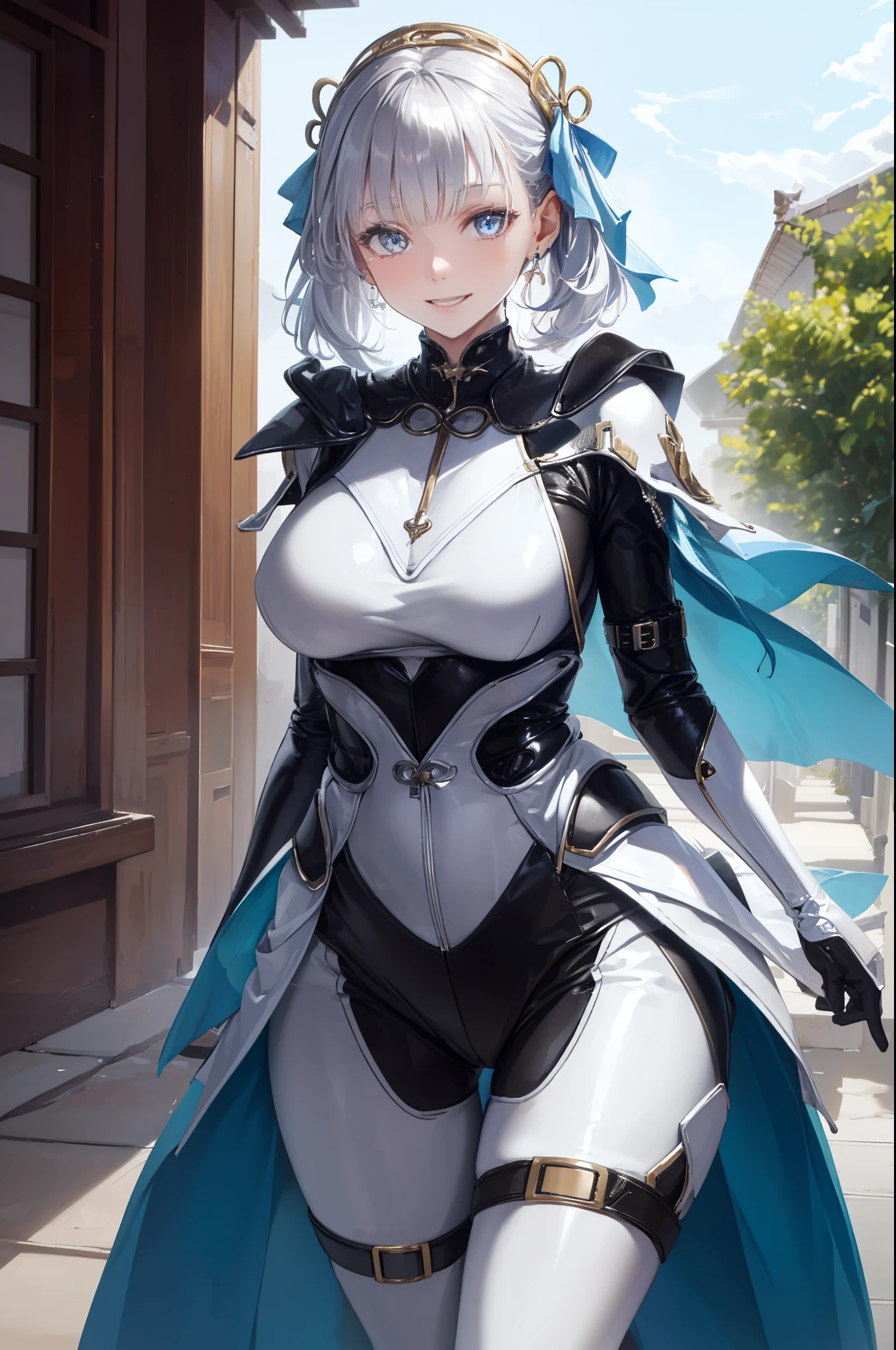 (  best quality ,4K,8K,   high resolution  ,masterpiece:1.2),  extremely detailed, mature women who want oral sex,,  magic  ,charm,joy, Holy Goddess , Smile,Silver Hair,  white eyes ,Rubber suit，boots