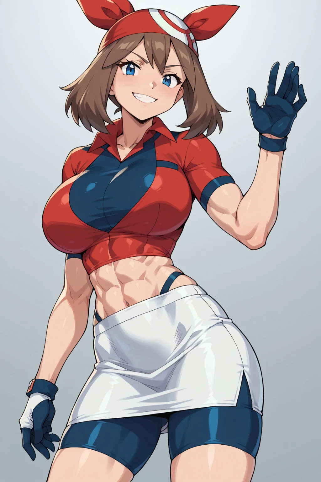 score_9, score_8_up, score_7_up, score_6_up, BREAK, pokemonmay, solo, blue eyes, brown hair, medium hair, 
bike shorts, collared shirt, gloves, microskirt, multicolored shirt, pencil skirt, red shirt, shirt, short sleeves, (tight clothes, revealing clothes),
torso, smug smile, (gigantic bust: 1.2), toned, muscles, abs, slender body,
