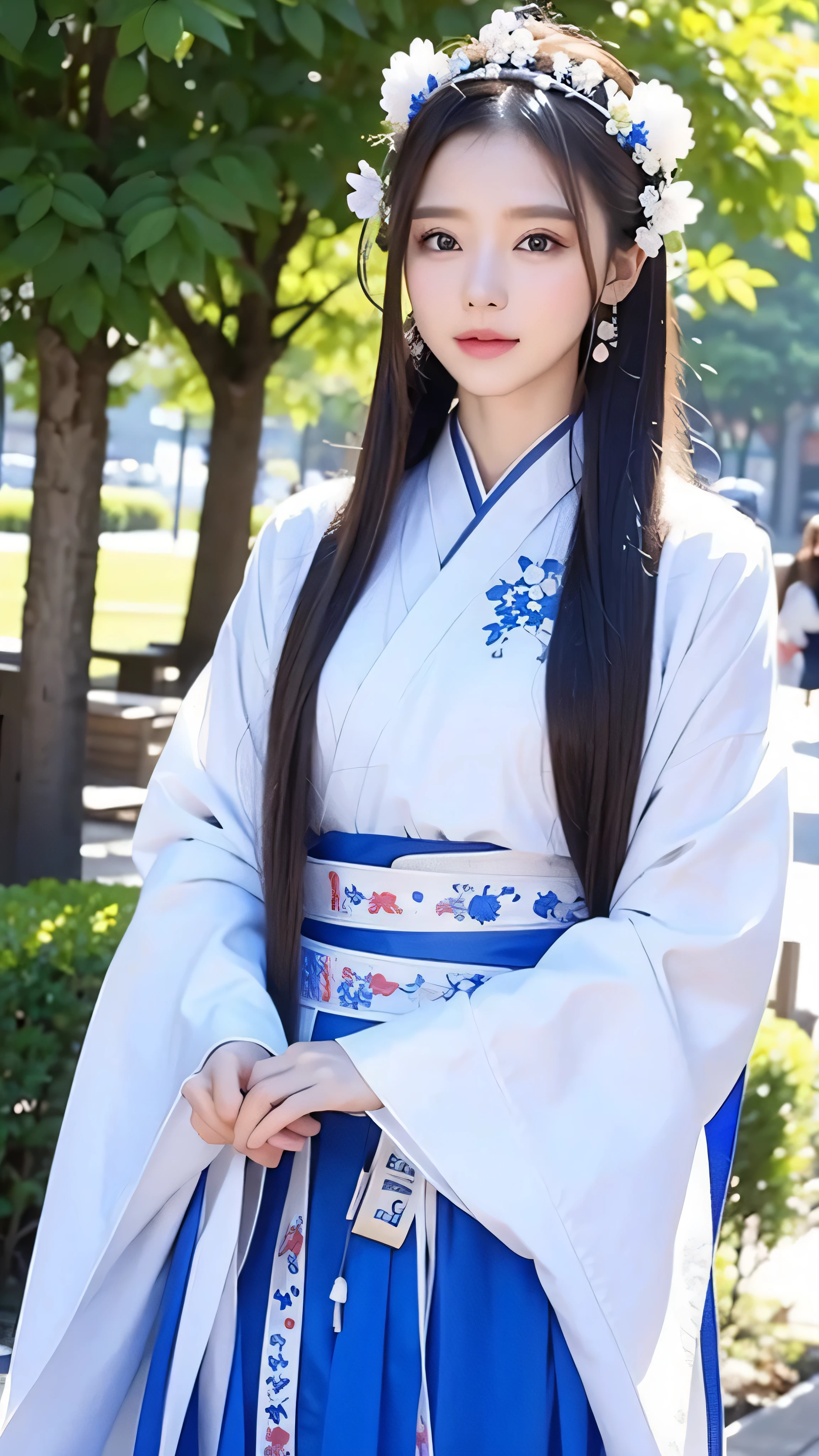 A woman in a blue and white dress with flowers in her hair, Hanfu, palace, girl in Hanfu, blue Hanfu, white Hanfu,  Expecting  , ((BEAUTIFUL FANTASY QUEEN )), ancient Chinese Princess, Chinese style,  traditional Chinese costume , Ancient Chinese Clothing, BEAUTIFUL FANTASY QUEEN , Chinese Princess, Traditional beauty,