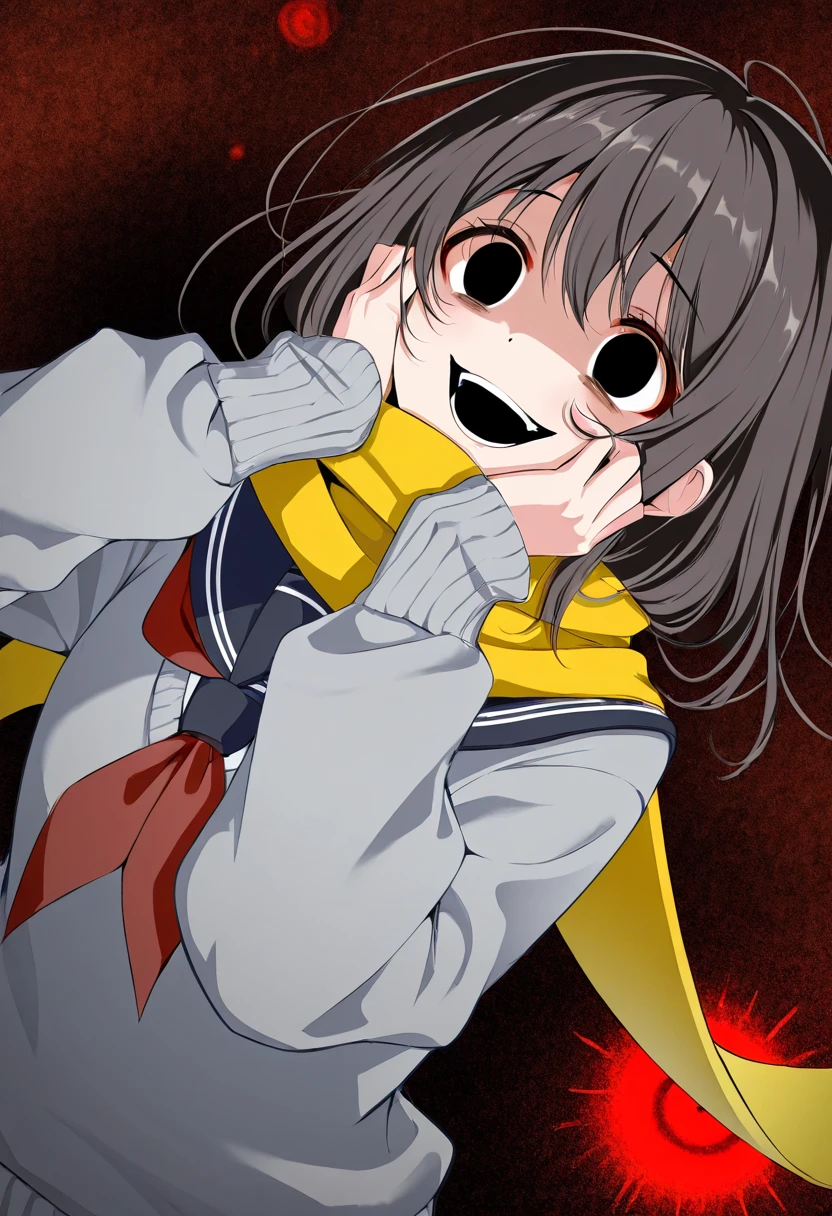 1girl\(koshi anko (shikanoko),crazy smile,gray sweater,school sailor\(yellow scarf\), empty eyes,no pupils,@ @,hands on own face, [cureness atmosphere:fear atmosphere:0.5],//yandere kawayo