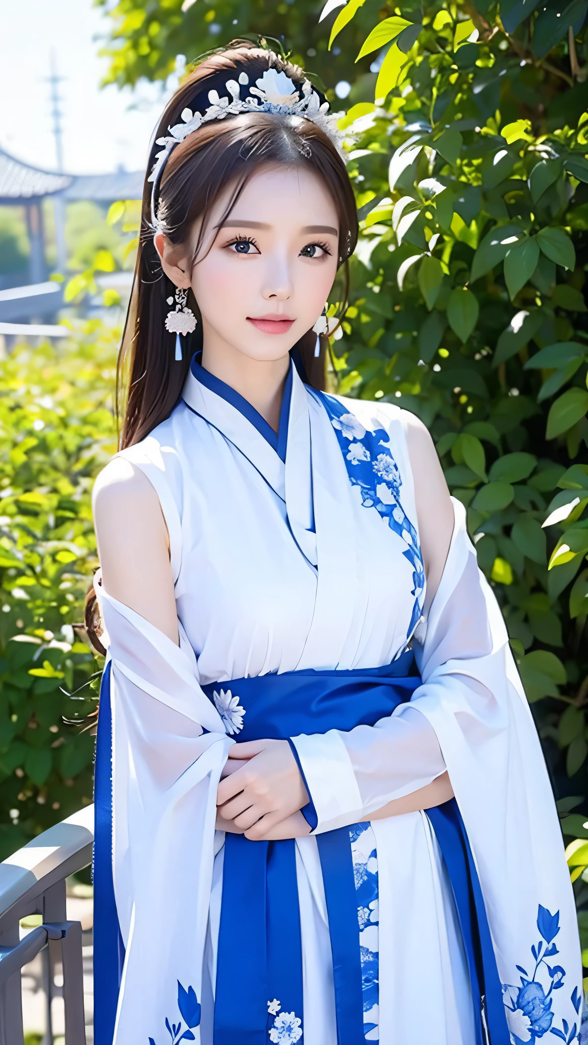 A woman in a blue and white dress with flowers in her hair, Hanfu, palace, girl in Hanfu, blue Hanfu, white Hanfu, Expecting , ((BEAUTIFUL FANTASY QUEEN )), ancient Chinese Princess, Chinese style, traditional Chinese costume , Ancient Chinese Clothing, BEAUTIFUL FANTASY QUEEN , Chinese Princess, Traditional beauty,