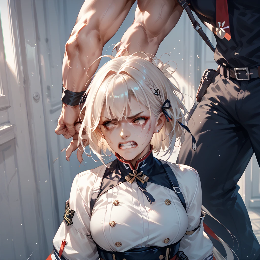 masterpiece, best quality,anime style, 1 girl,(((slender body))), (((small breast))),(((hot pants, white tanktop,red tie))),(((((a gorilla man grabbing the girl))))), ((((restrained, arms behind back)))),((((cum)))), (beautiful face), (((short hair))), (((straight hair))), ((((blonde hair)))),detailed beautiful skin, (perfect hands, perfect ???????)