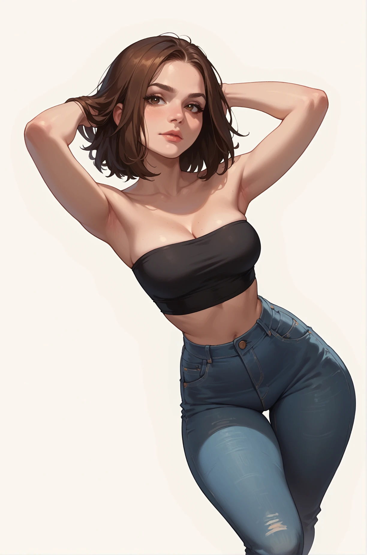 score_9, score_8_up, score_7_up, cartoon of a girl, solo, sexy, slutty, brown eyes, brown hair, straight hair, jeans, black tube top, cleavage, medium breast, wide hips, thighs, hands behind head, standing, dynamic angle, white background