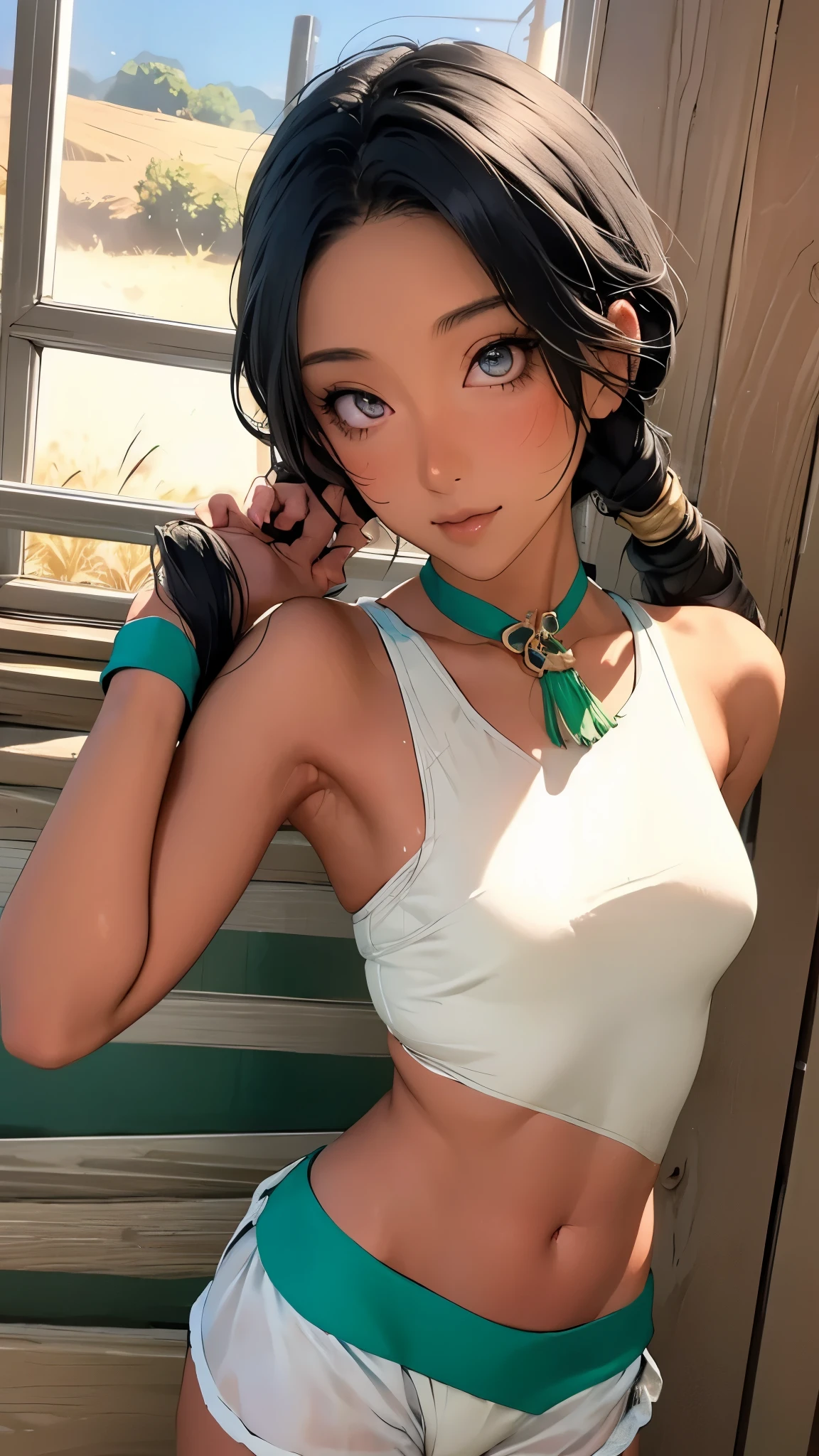 live-action、 real、(masterpiece,  top quality :1.2), (( revealing clothes)),, upper body, Alone,  one girl、Green,  attractive face , Dark Skin,  dark skinned woman,  Show Viewers ,  twin tails,  braiding,  farm work , Thin and supple muscles、 Athletic Body 、Arabian Costume,  see-through, Microphone headband,  adult appeal , Moderate bust,  shorts, A lot of jewelry, Wheat field、Torrent of Light、