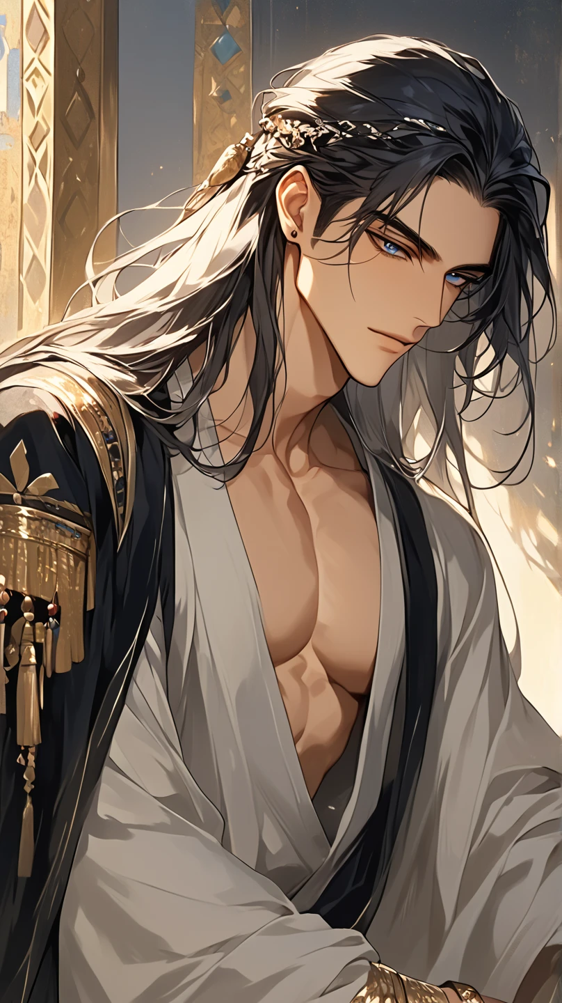 (score_9, score_8_up), long hair, masterpiece, best quality, 1 man , black-Silver hair , perfect face , blue eye , handsome male , Alone, adult male , delicate line drawingimpasto, masterpiece, high resolution, Top quality, unique , 1 male , nice , tanned skin , black haired, a sultan, Egypt, open clothes