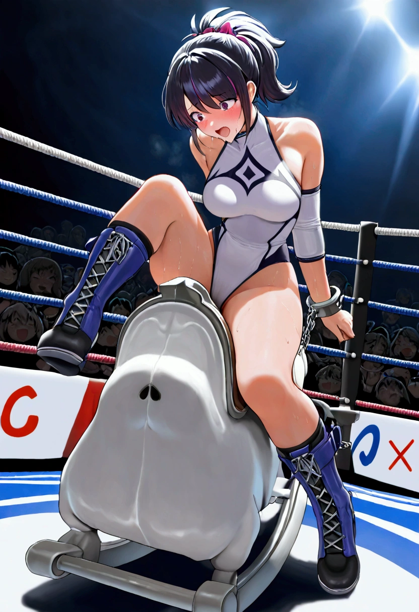 ((((masterpiece)))), (( unity 8k wallpaper,  photorealistic , ((  detailed face  )),  Female Pro Wrestler with Floating Legs,Umezaki Haruka  ,Pain々Funny face, ponytail,ribbon, pure white leotard ,Elbow guard,  leg protector  ,  pro wrestling to pick a vagina,torture,Crotch torture by a triangular rocking horse,The vertex of Rina,Protrusions,Shackles,Punishment by my boyfriend,There are 3 ropes stretched on all sides of ,dripping secretions, The background is a pro wrestling venue,The audience is crowded