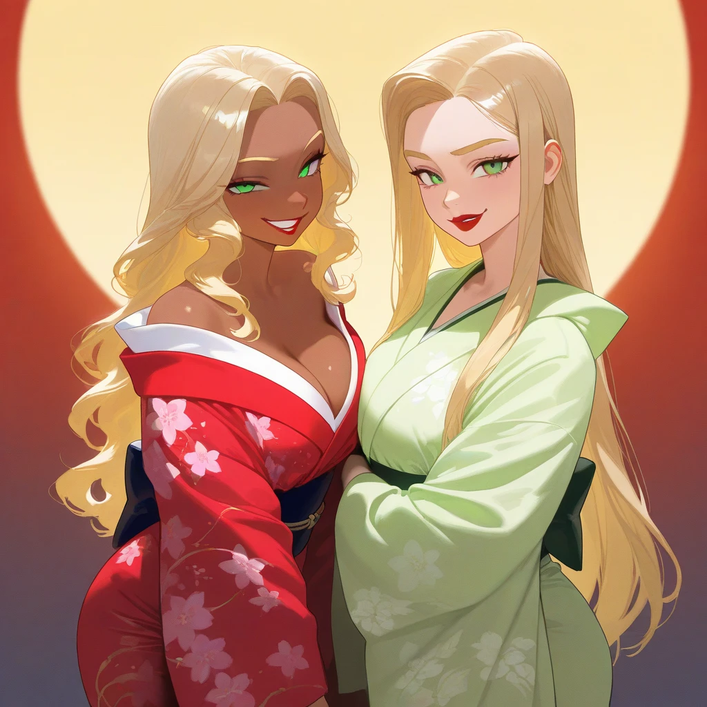 OC, female, semi realism, dark tanned skin, red lips, blonde eyebrows, perfect face, long wavy light Ashe blonde hair with bang, half-closed Green eyes, evil smile, red glamorous, sweet aesthetic, sexy kimono, mystic luminescent, sexy,