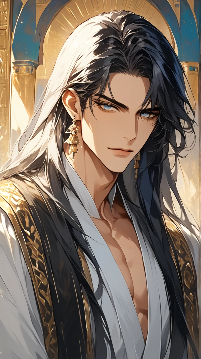 (score_9, score_8_up), long hair, masterpiece, best quality, 1 man , black-Silver hair , perfect face , blue eye , handsome male , Alone, adult male , delicate line drawingimpasto, masterpiece, high resolution, Top quality, unique , 1 male , nice , tanned skin , black haired, a sultan, Egypt, open clothes