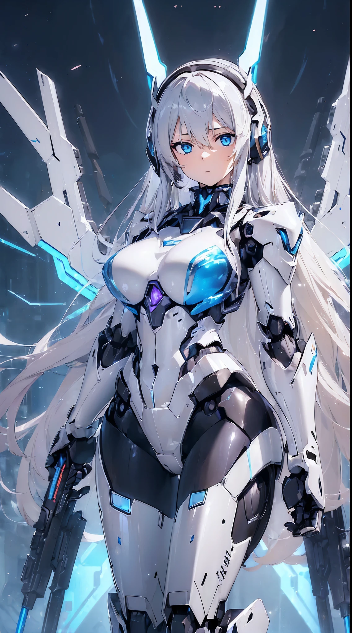 ((8K)), ((32k)), ((highest quality)), ((masterpiece)), ((超A high resolution)), ((T Masterpiece)), ((halo:1.3))、fine skin texture, fine cloth texture, fine metal texture、((beautiful and detailed face))、Raw photo、Professional, Ultra-fine painting, ((solo)), beautiful breasts、highest quality, Super detailed, Super detailed詳細, small details, very beautiful, Princess Knight Robot, (Joint of the machine, mechanical limbs:1.3), (The internal structure of the machine is exposed:1.3), (red long hair 1.1), (Beautiful and huge mechanical breasts)、white veil, cowboy_shot, side focus, headgear, shiny, ((Silver metal machine blindfold:1.8))、 (five fingers, 4 fingers and 1 thumb),concept art, anime fantasy artwork, detailed fantasy art, (with pale blue-violet hair and large white wings,,), (((long hair))), (Mecha:1.6)Sleek and menacing design, ((Armament of the Supreme Commander-in-Chief)), (perfect robot body)、Pure white and blue-purple armor, symmetrical wings, 8K high quality detailed art, 3D rendering of character art in 8K, clear legs, defined, defined fingers, NSFW、((head shot:1.3))