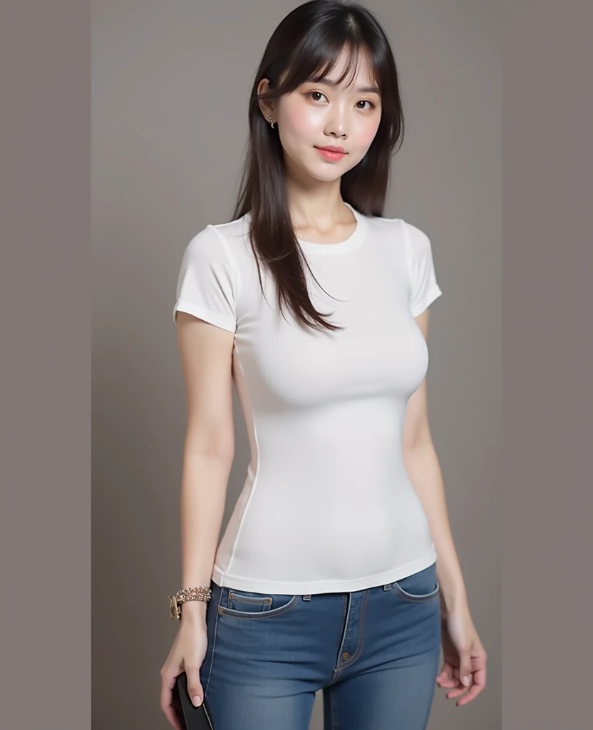 um close de uma mulher vestindo uma gray shirt e jeans, wearing tight shirt, tight shirt, wearing simple, tight-fitting clothes, gray shirt, manga curta, Korean female fashion model, thin girl model photo, Waist slender, brown shirt, open chest clothing, wearing a cute top, casual modern clothing, elegant and fitted beige shirt, t - shirt